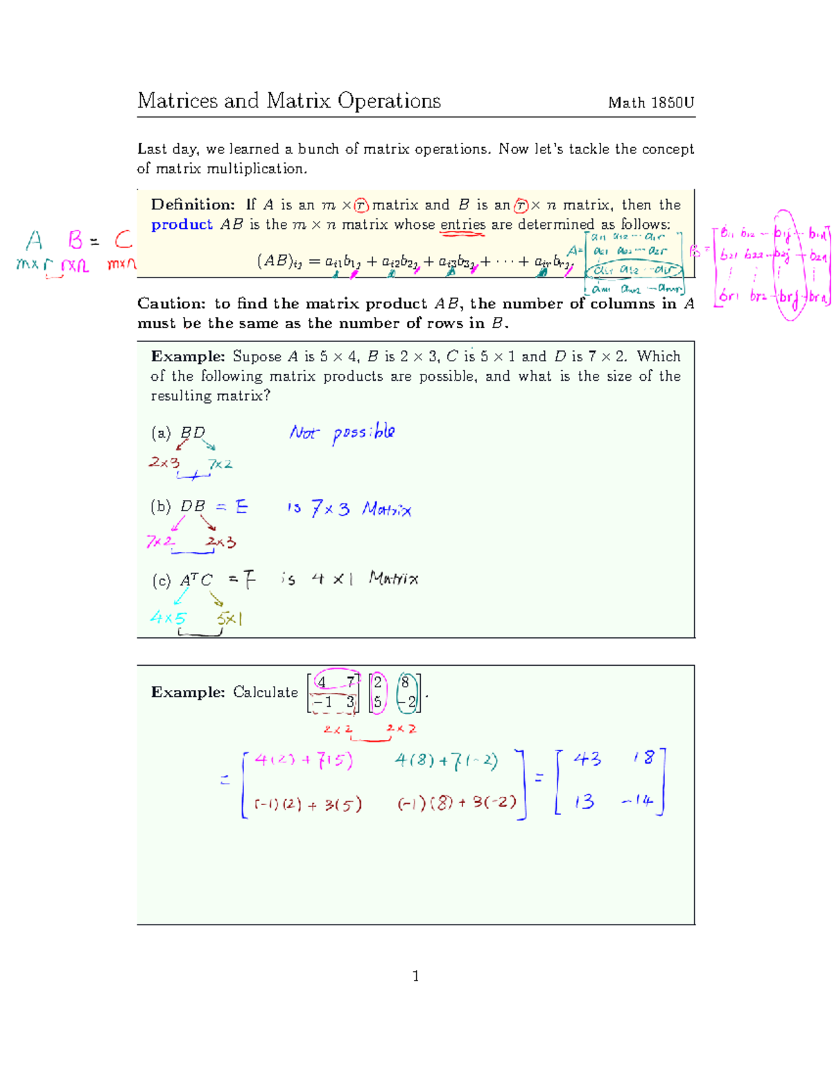 Lecture 4-posted - Matrices and Matrix Operations Math 1850U Last day ...
