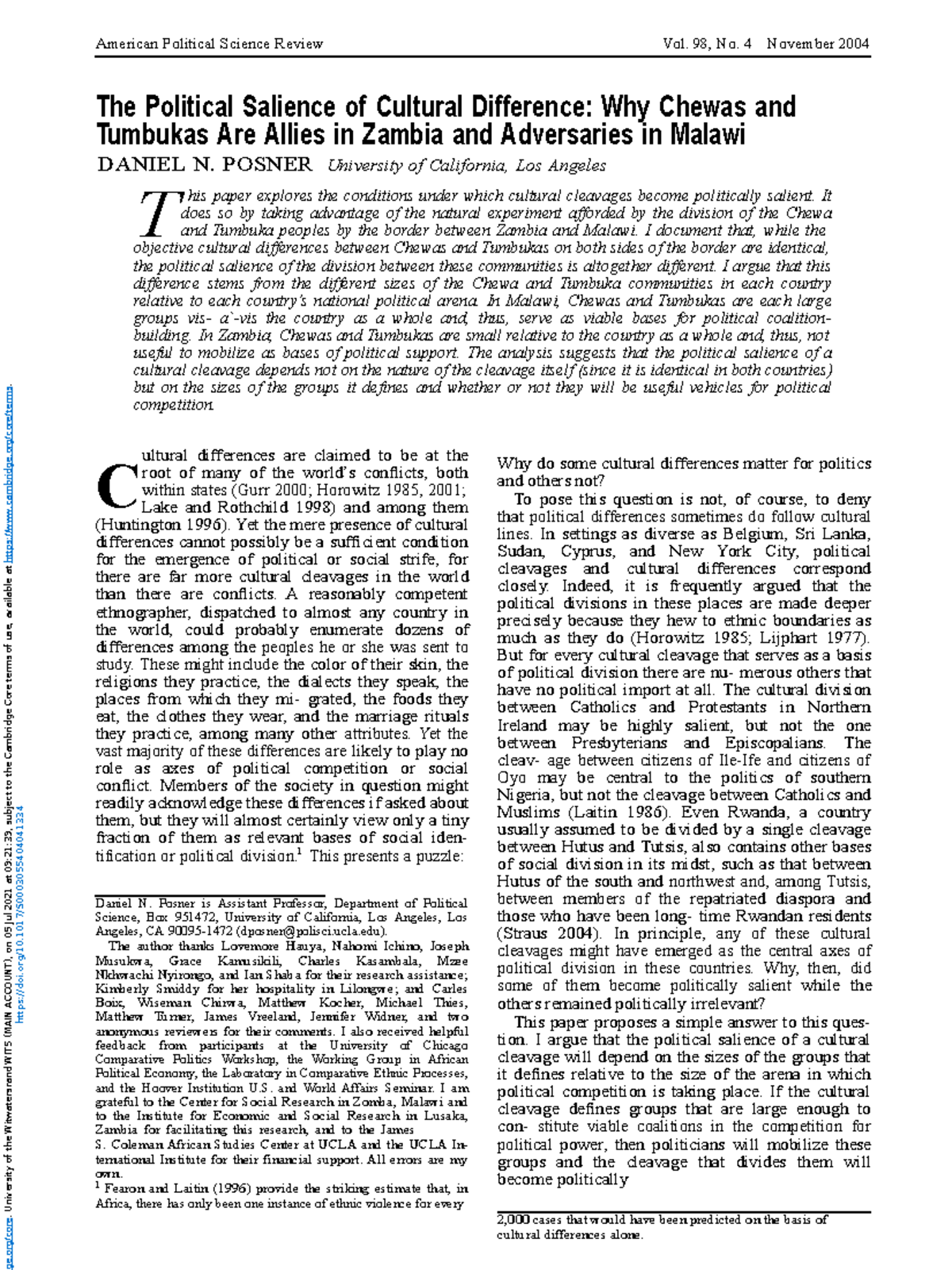 4. The Political Salience of Cultural Difference, Posner, 2004 American Political Science
