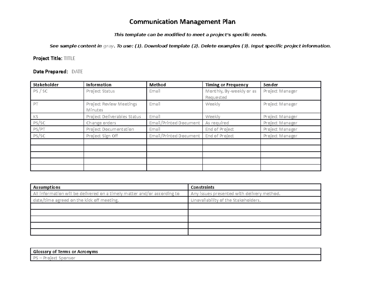 Communication Management Plan Template - See sample content in gray. To ...