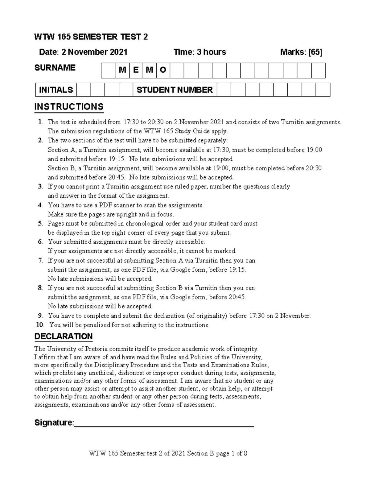 Memo of Section B Click UP - WTW 165 SEMESTER TEST 2 Date: 2 November ...