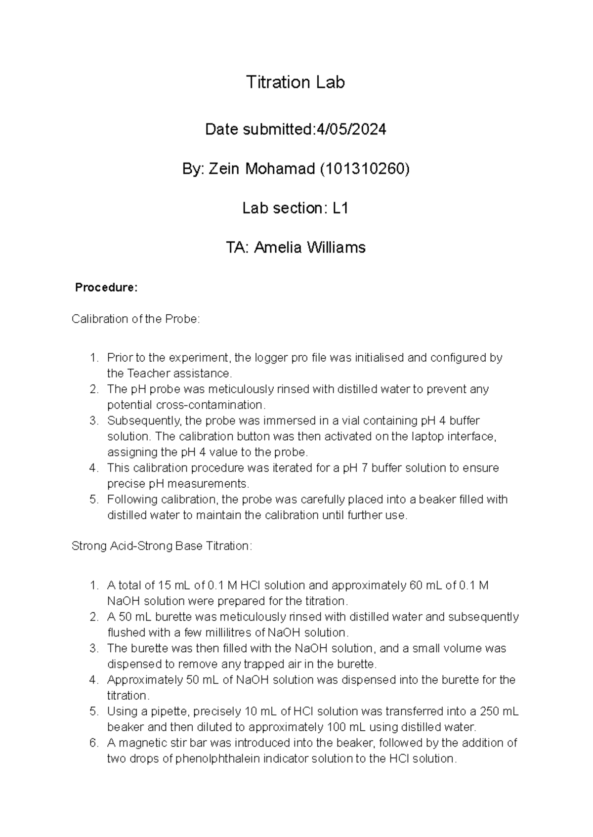 101310260, Titration post lab report, section L1, TA-Amelia Williams ...
