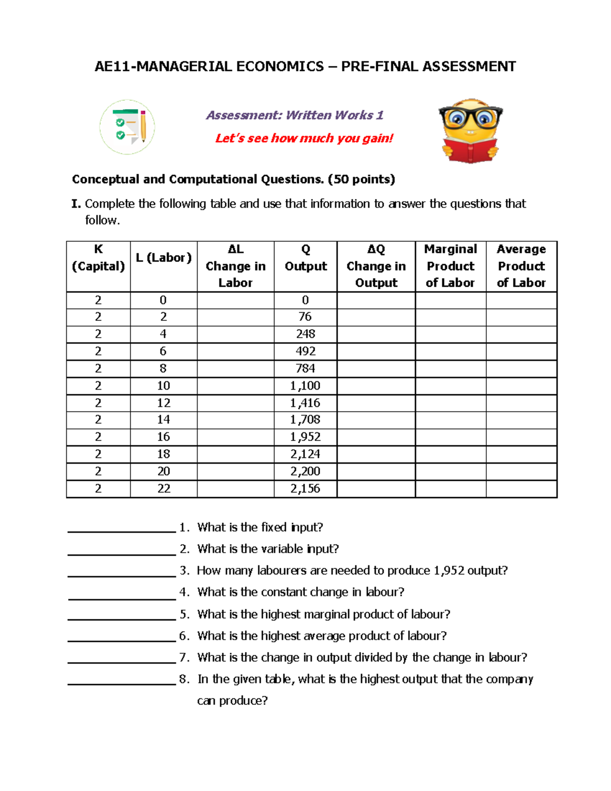 AE11 Pre-final Assessment - AE11-MANAGERIAL ECONOMICS – PRE-FINAL ...