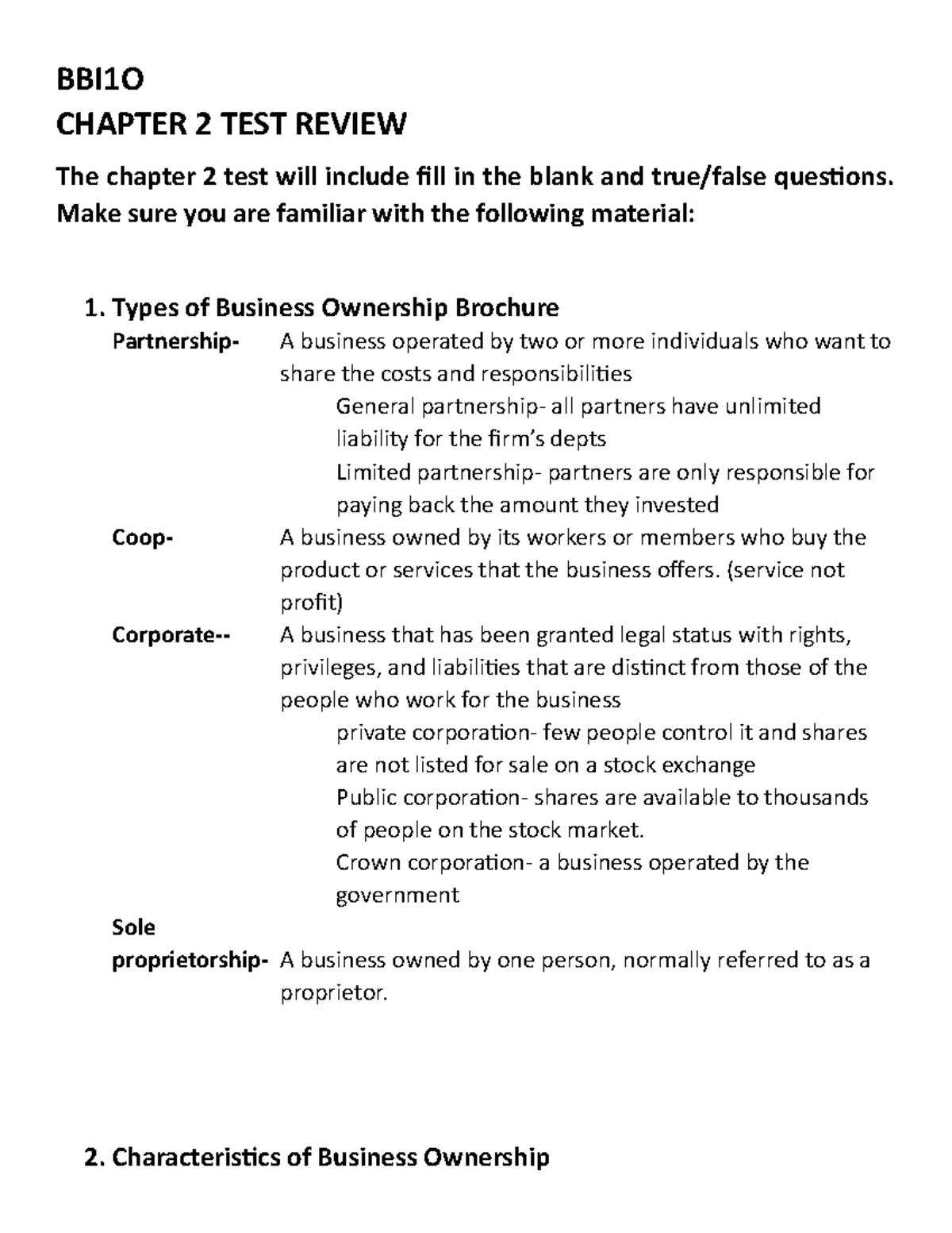 Chapter 2-test-business - BBI1O CHAPTER 2 TEST REVIEW The chapter 2 ...