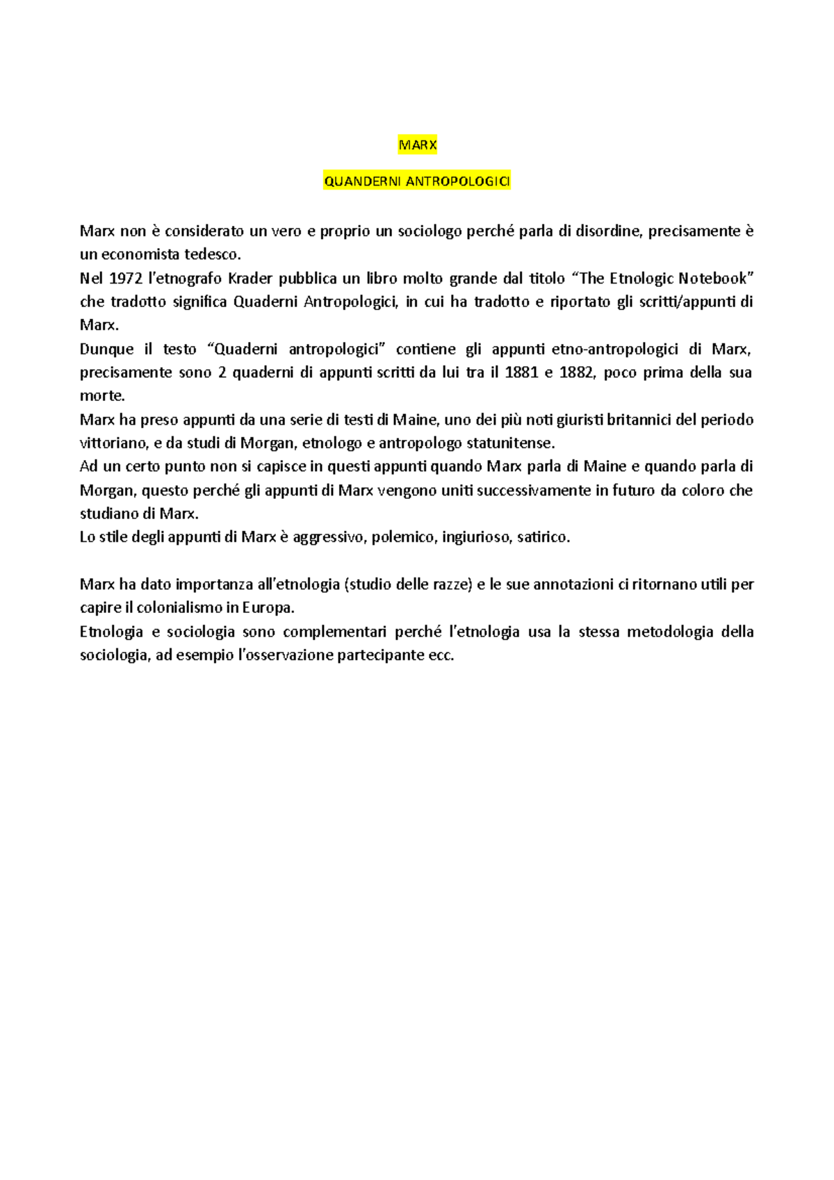 MARX - Riassunto Quaderni antropologici. Appunti da L. H. Morgan e da H ...