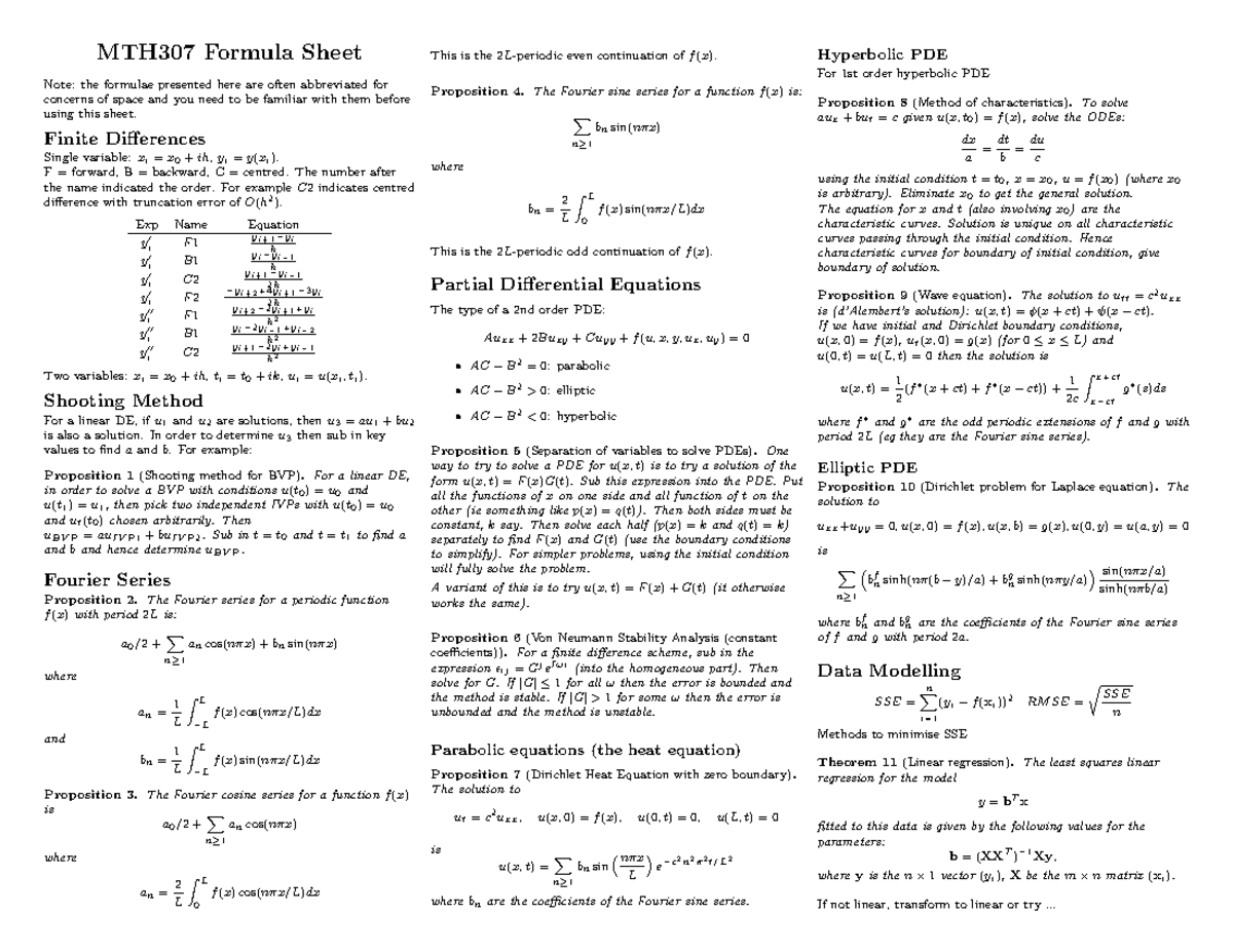 MTH307 Formula Sheet - Mathematical Modelling - CSU - StuDocu