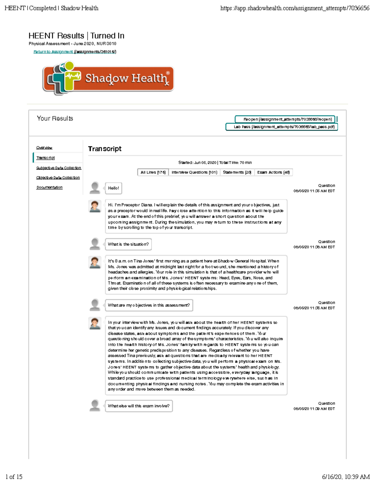 Heent Completed Shadow Health - HEENT Results | Turned In Physical ...