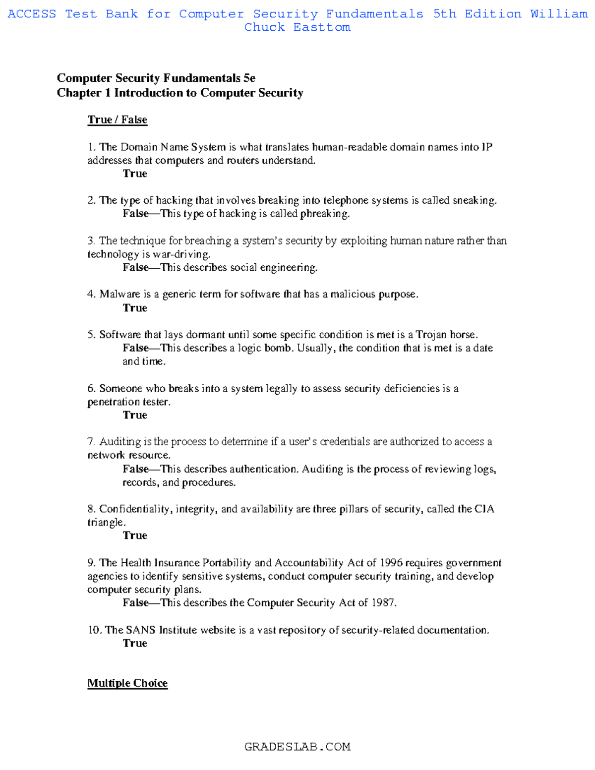 Computer Security Fundamentals practice questionsTESTBANK Computer