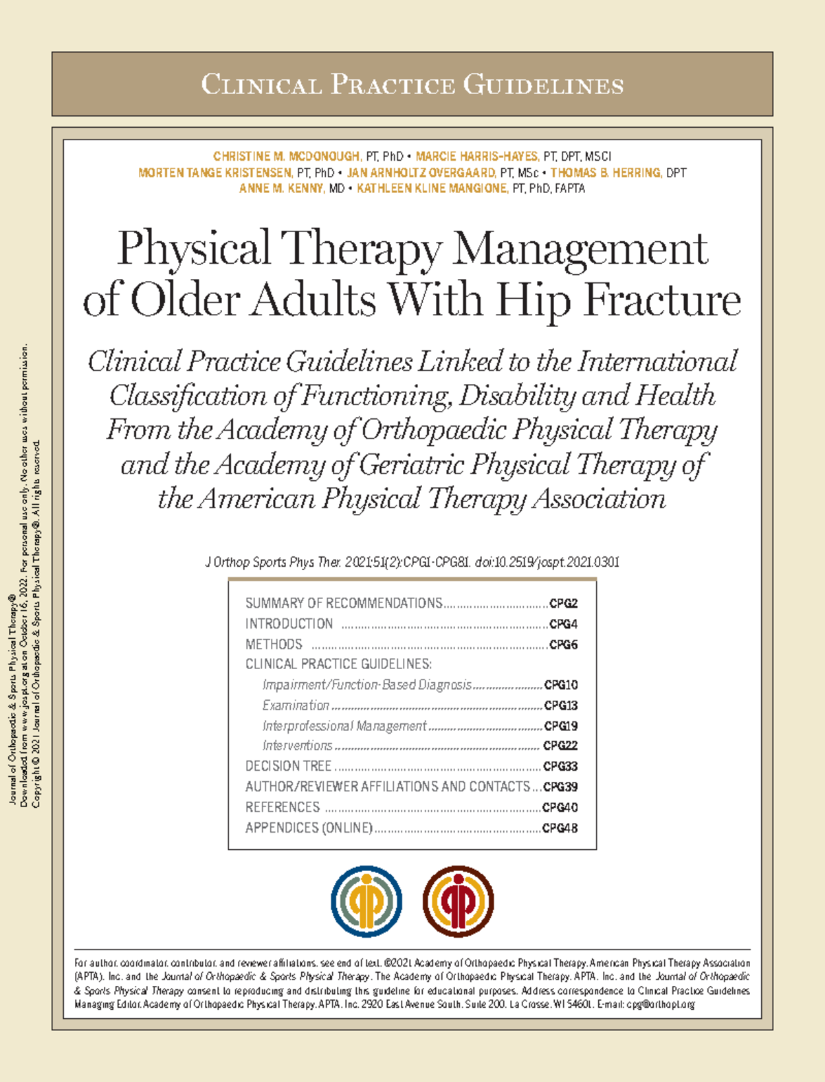 Physical Therapy Management of Older Adults With Hip Fracture CPG Clinical Practice Guidelines