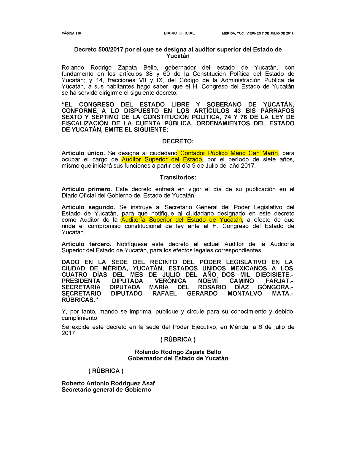 Nombramiento Auditor Superiordel Estado PÁgina 118 Diario Oficial