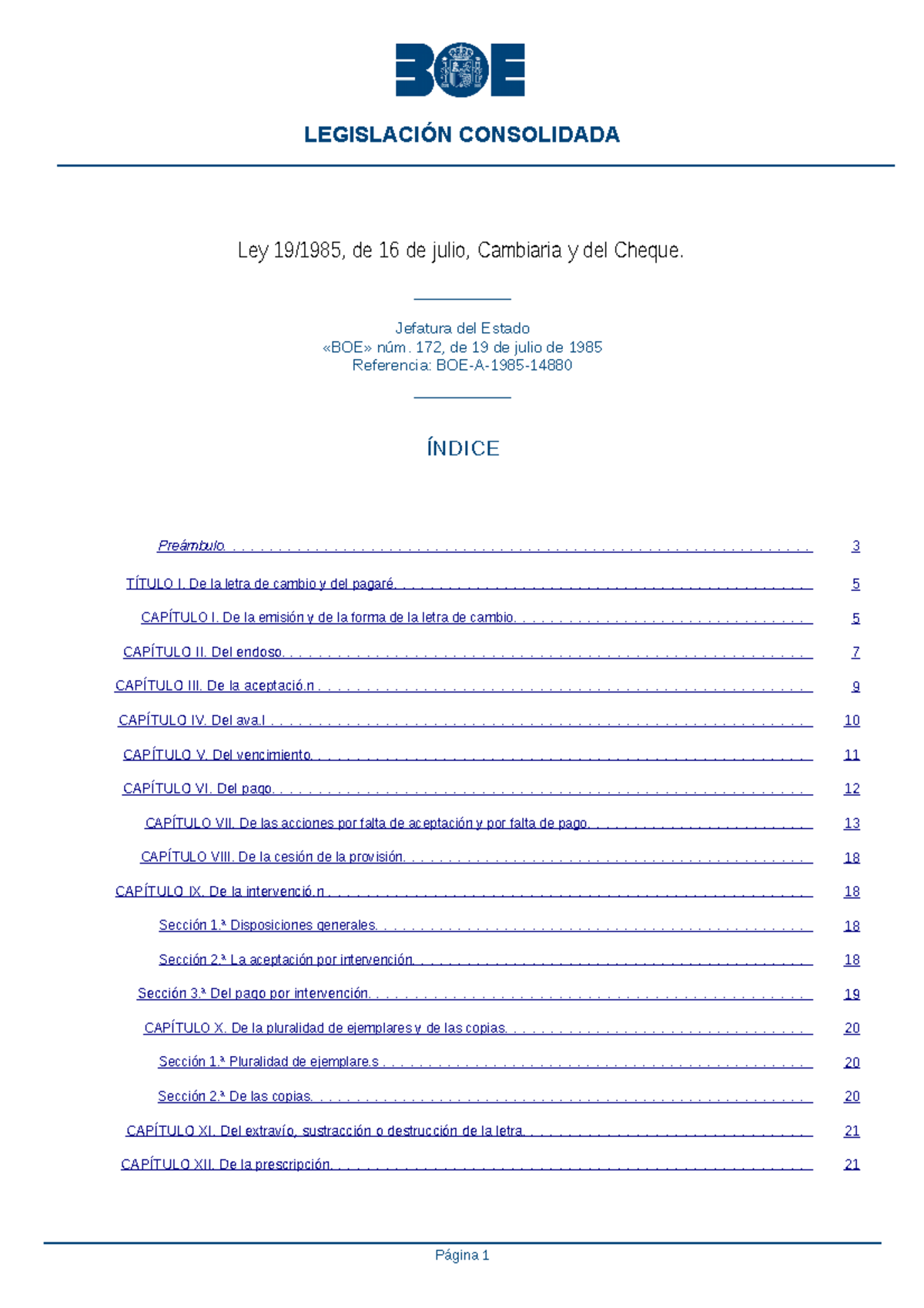 LEY CAMBIARIA CONSOLIDADA 2022 LEGISLACIÓN CONSOLIDADA Ley 19/1985