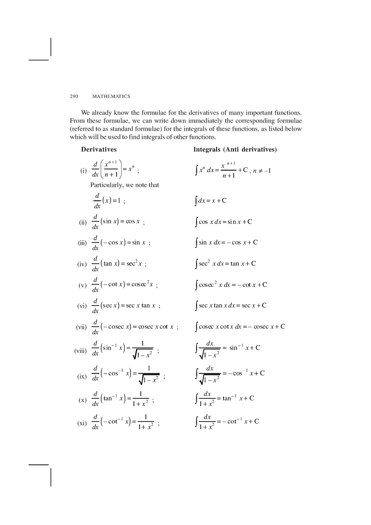 Formula differential , Integral , partial fraction - 290 MATHEMATICS We ...