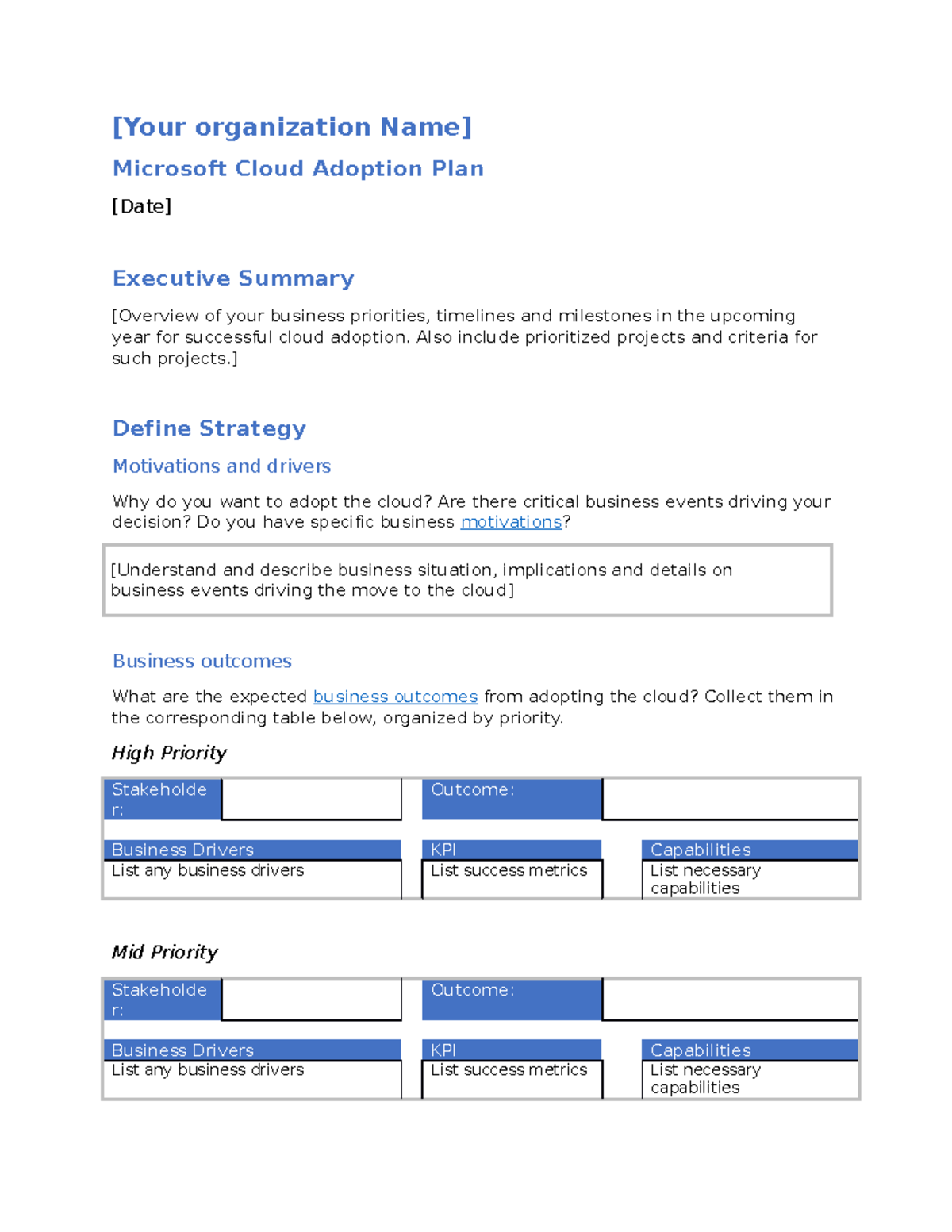 Cloud adoptioadgn framework strategy and plan template - [Your ...