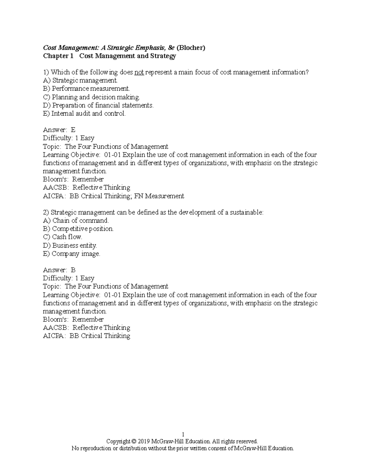 Tb Ch 1 Blocher 8 - A Lecture Note Related To Accounting - Cost ...