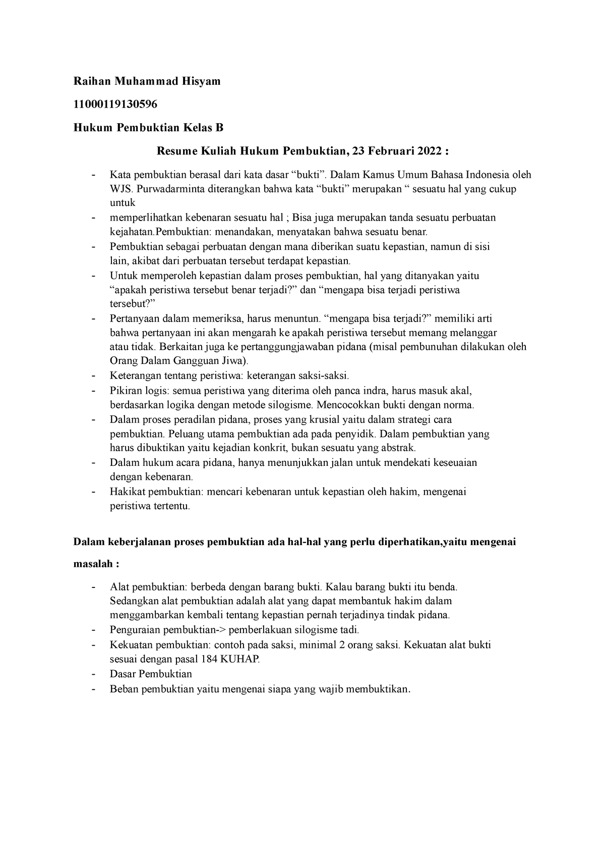 Resume 2 Hukum Pembuktian (B) - Raihan Muhammad Hisyam 11000119130596 ...