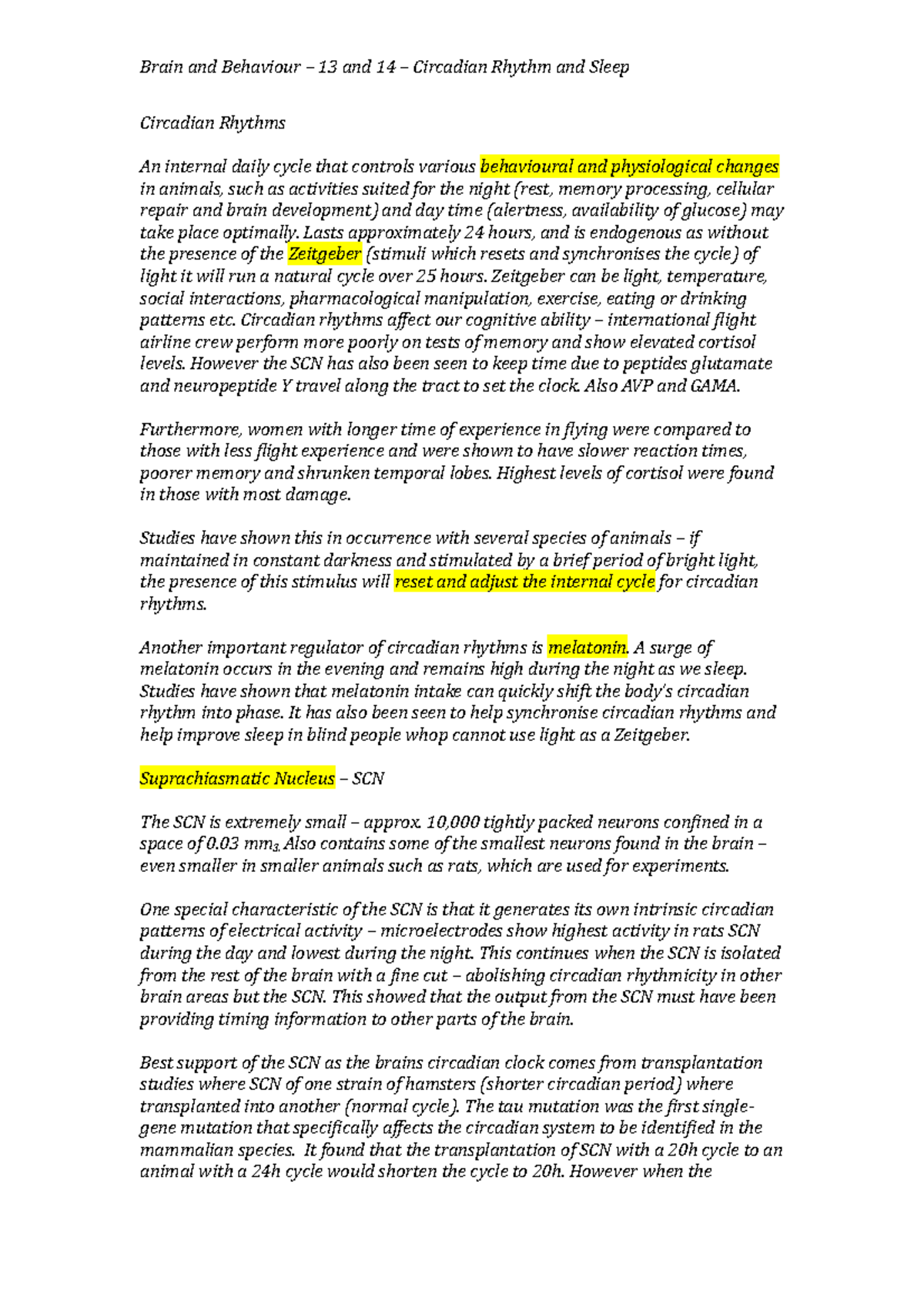 Week 8 - Lecture notes 8 - Brain and Behaviour – 13 and 14 – Circadian ...