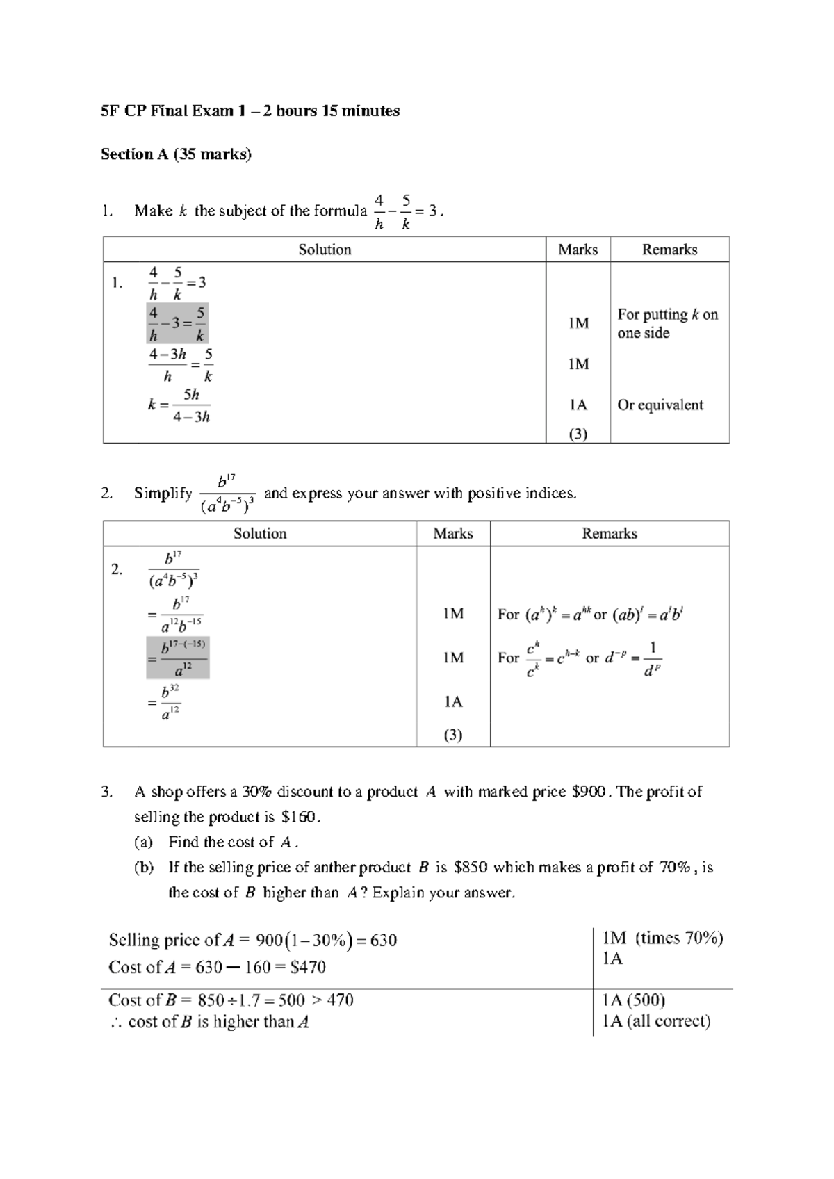 MOCK Final Exam 1 MS - Maths - 5F CP Final Exam 1 – 2 hours 15 minutes ...