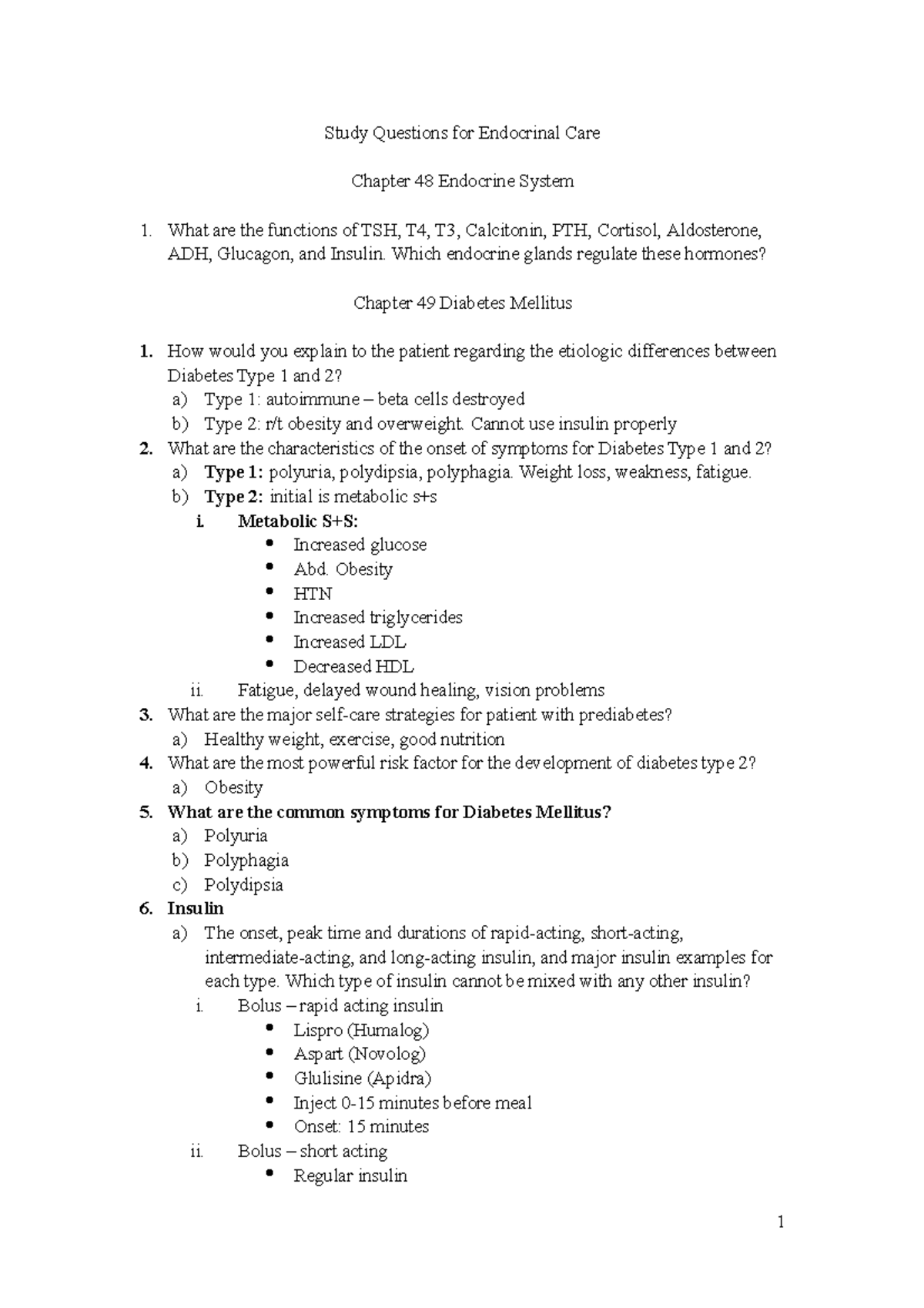 N315 - Endocrine Study Guide - Study Questions for Endocrinal Care ...