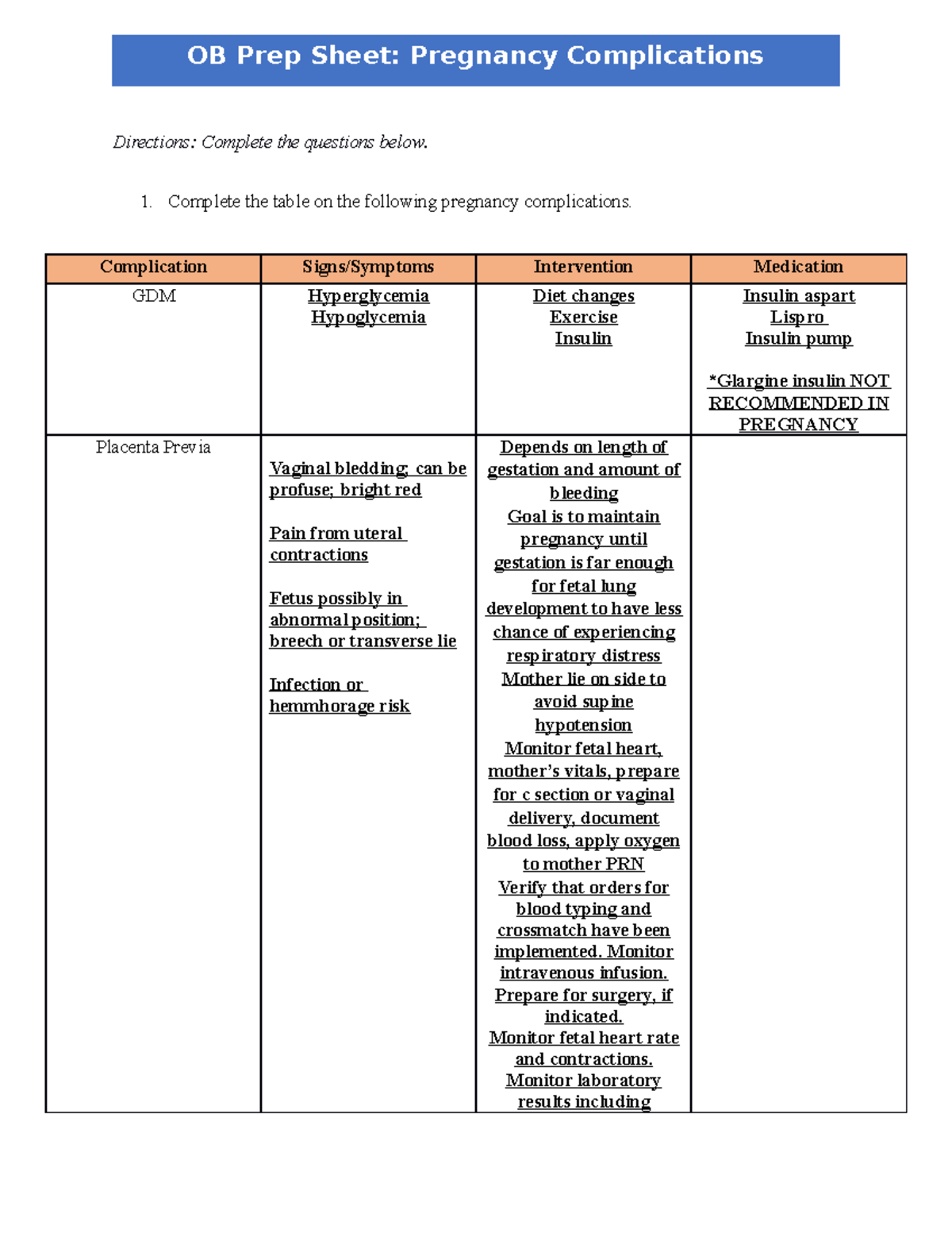 OB Prepsht Preg Complications Directions Complete the questions