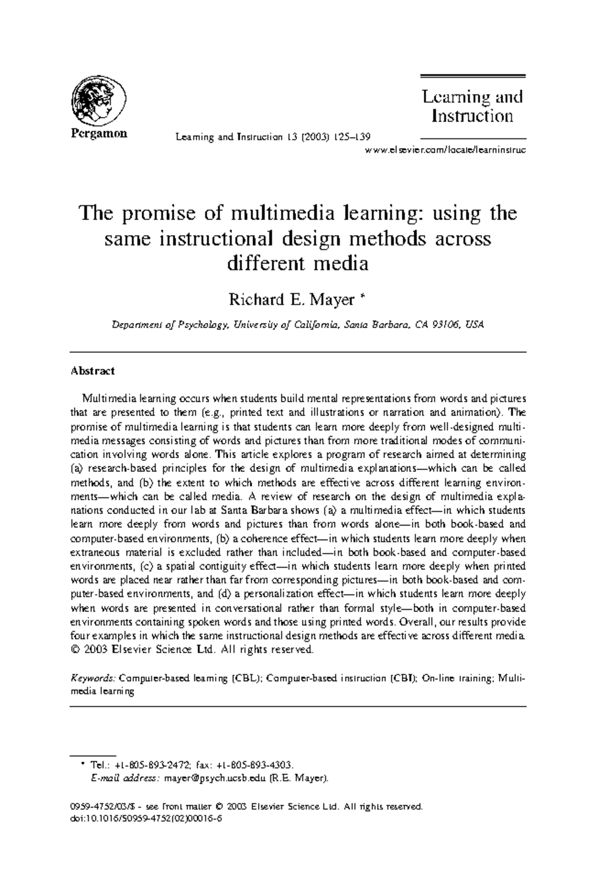 Mayer The promise of multimedia learning - Learning and Instruction 13 ...