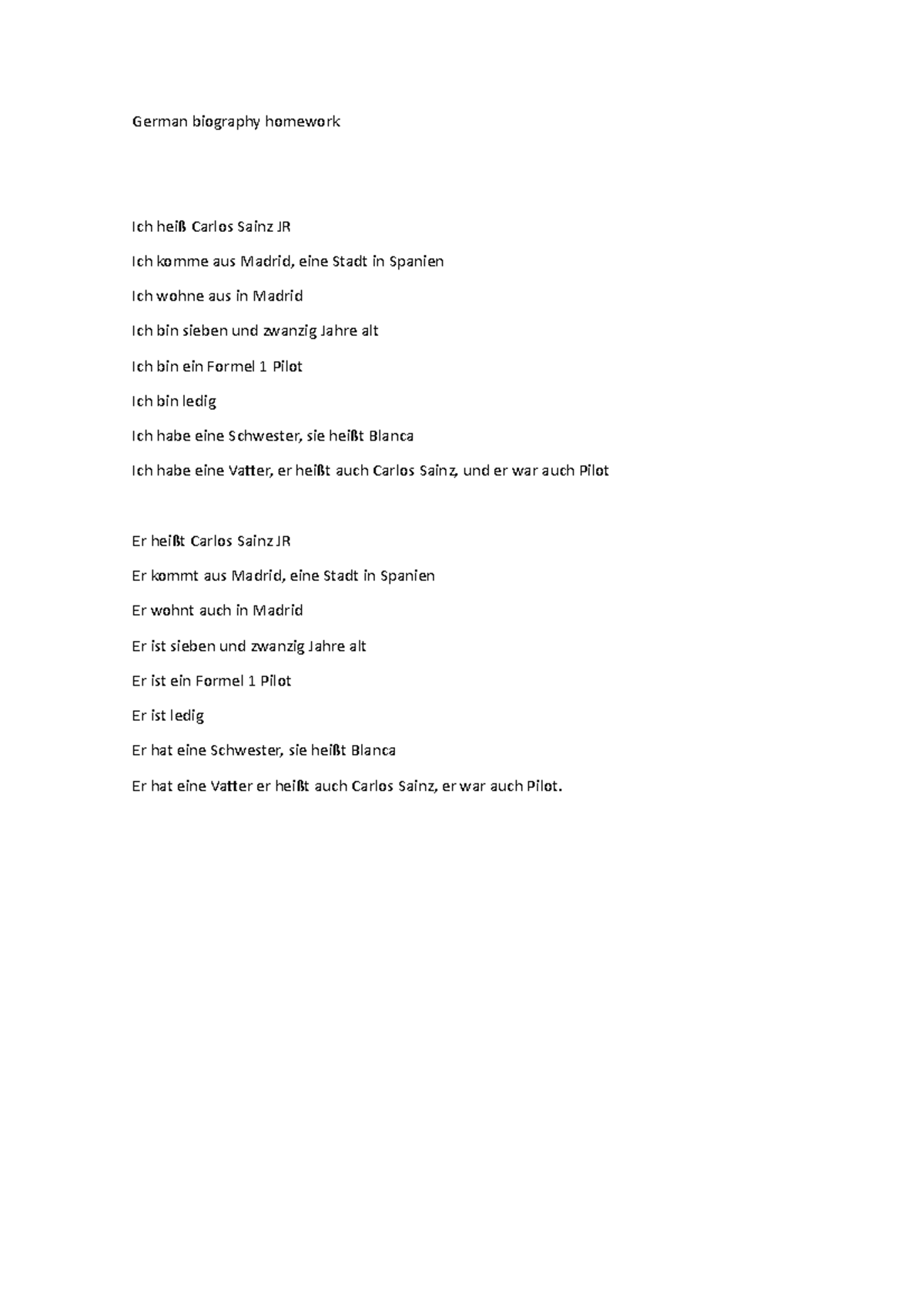 German biography homweork - German biography homework Ich heiß Carlos ...
