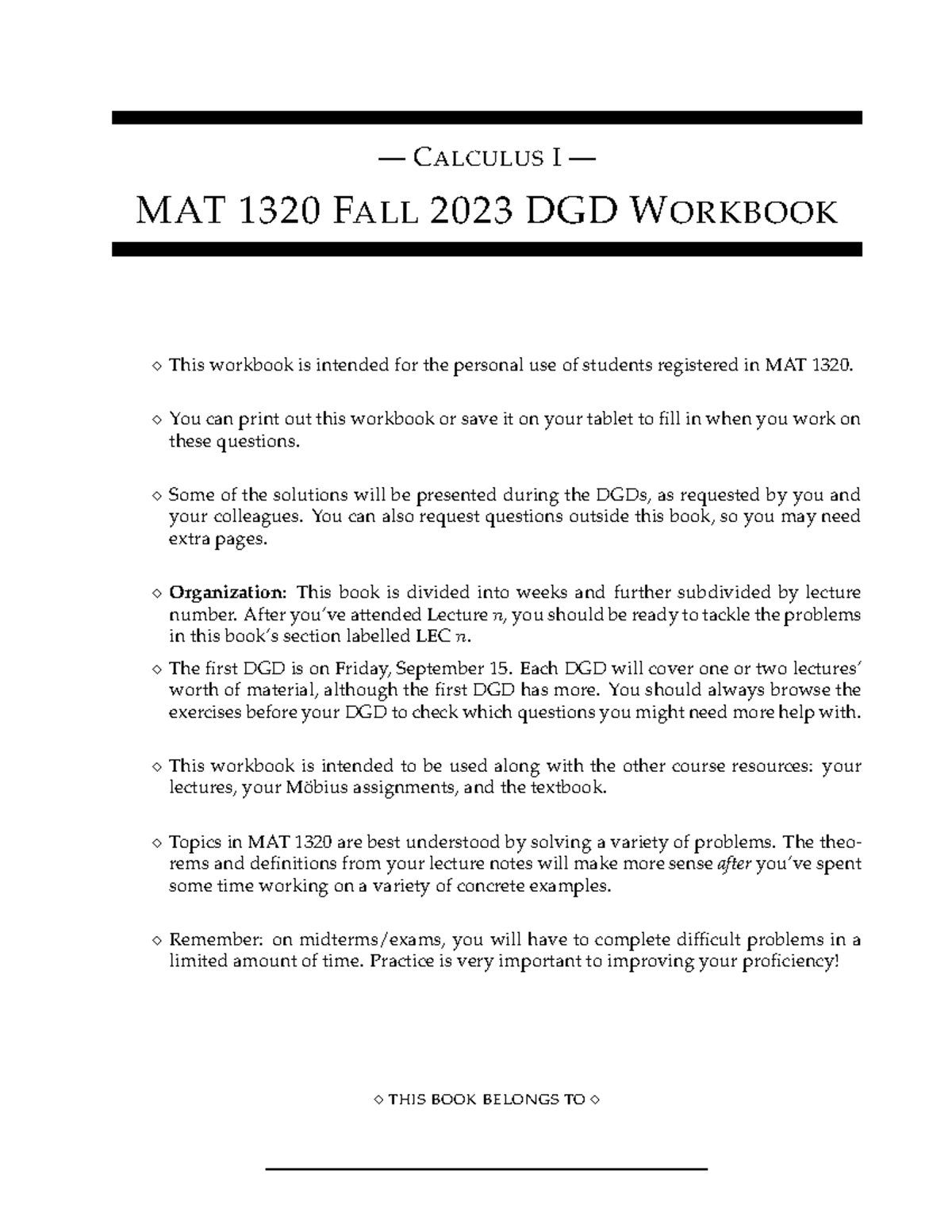 MAT 1320 DGD Workbook - — CALCULUS I — MAT 1320 FALL 2023 DGD WORKBOOK ...