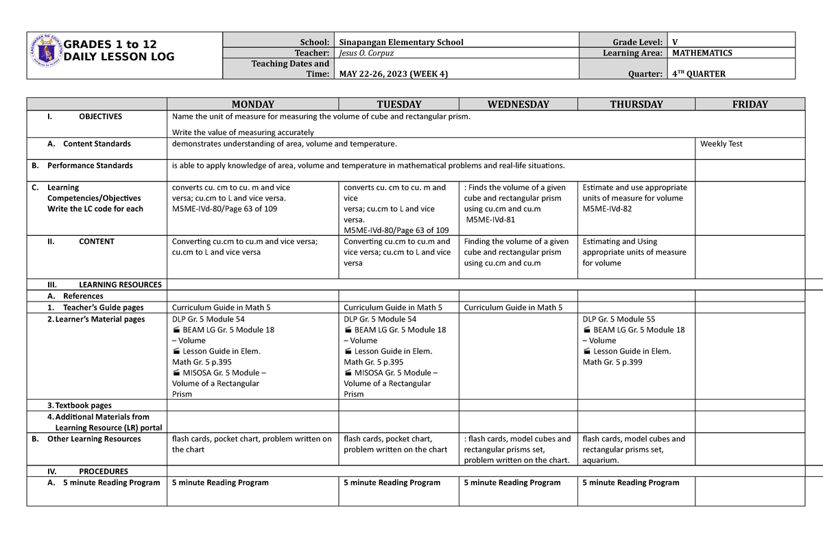 Grade 5 DLL MATH 5 Q4 Week 4 - GRADES 1 To 12 DAILY LESSON LOG School ...