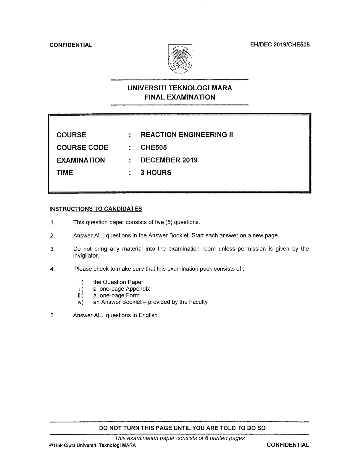 Faculty Chemical Engineering 2020 Session 1 - Degree CHE505 ...