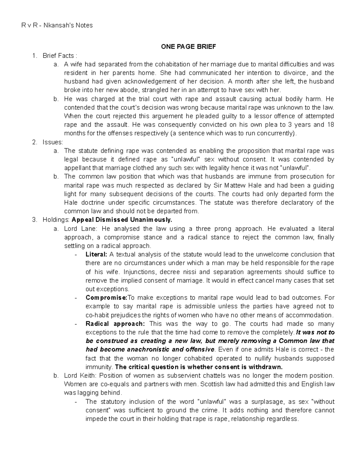 R. v. R Brief with Analysis - ONE PAGE BRIEF Brief Facts : a. A wife ...
