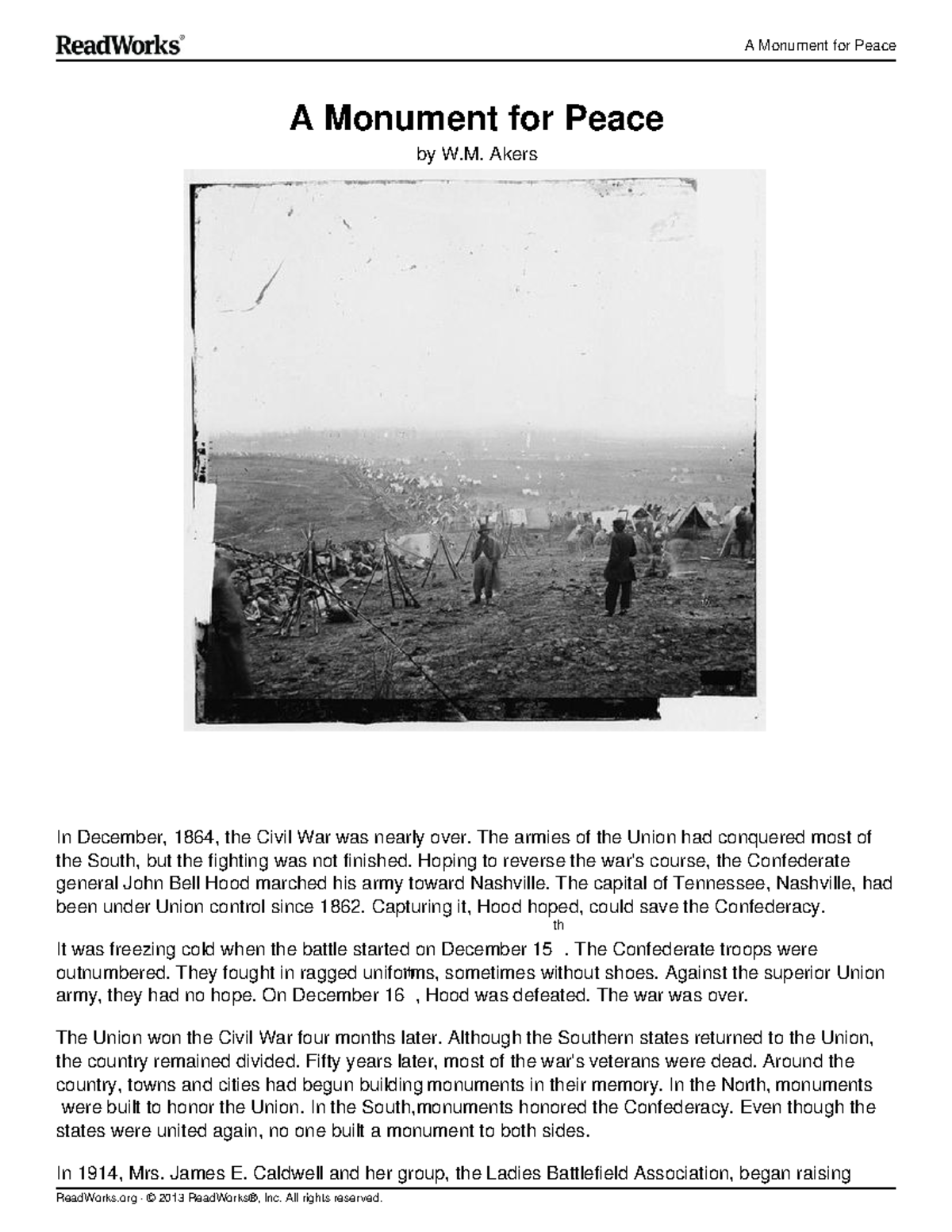 A Monument for Peace Practise reading comprehension from old times