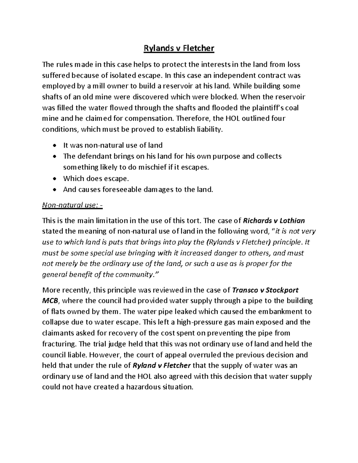 Rylands V Fletchers SELF Notes - Rylands v Fletcher The rules made in ...