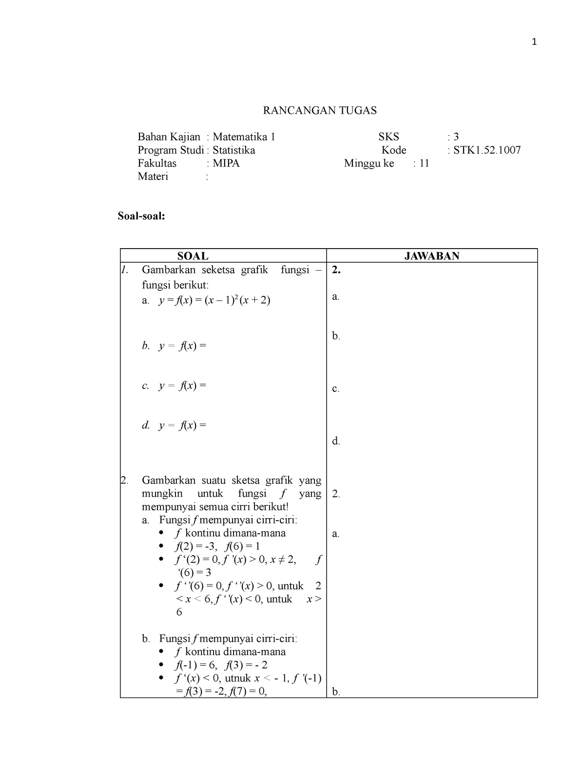 Tugas 11 Matematika 1 - 1 RANCANGAN TUGAS Bahan Kajian : Matematika 1 ...