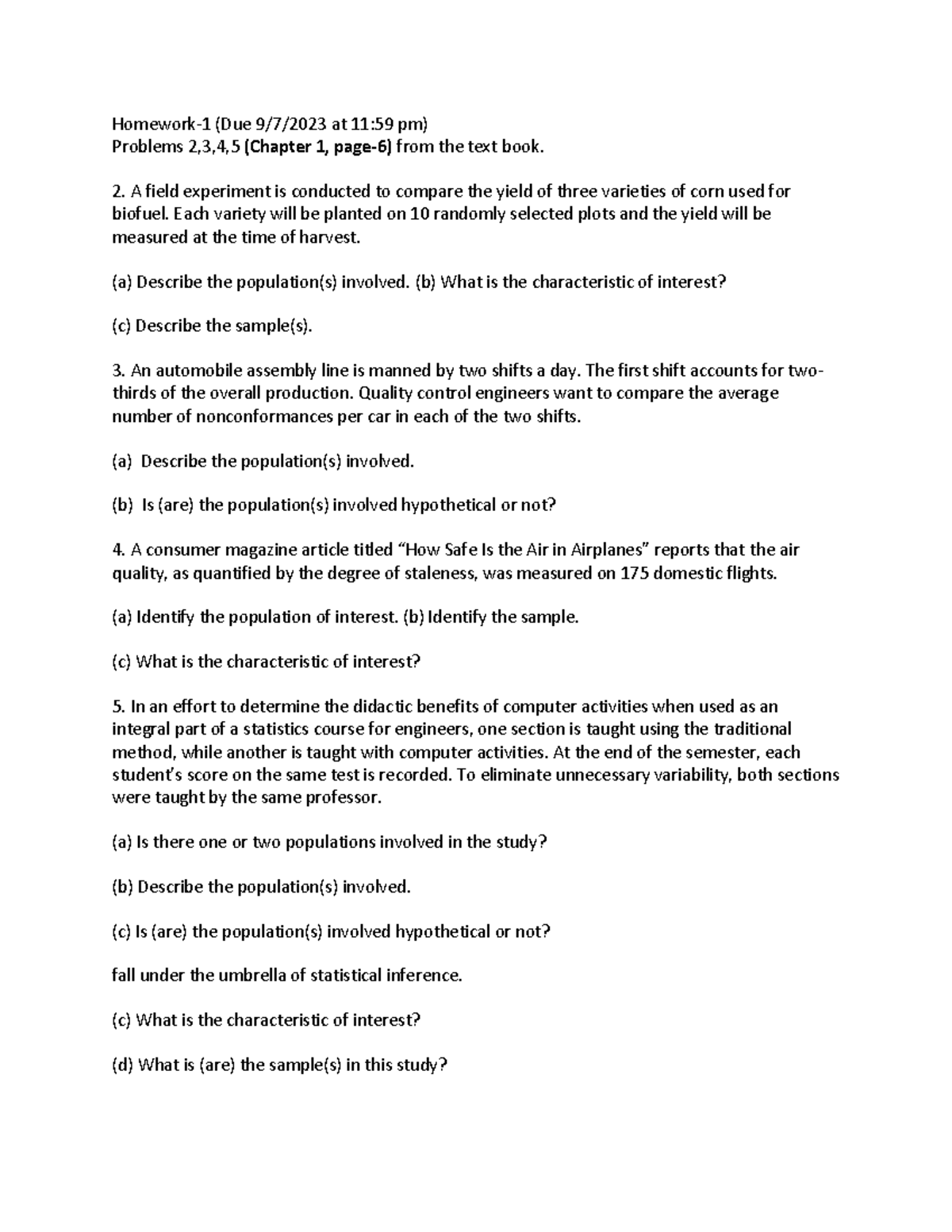 HW1 - Hw1 - Homework-1 (Due 9/7/2023 At 11:59 Pm) Problems 2,3,4,5 ...