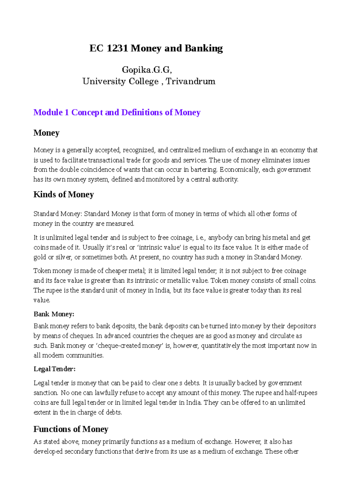Money And Banking EC 1231 Money and Banking Gopika.G, University