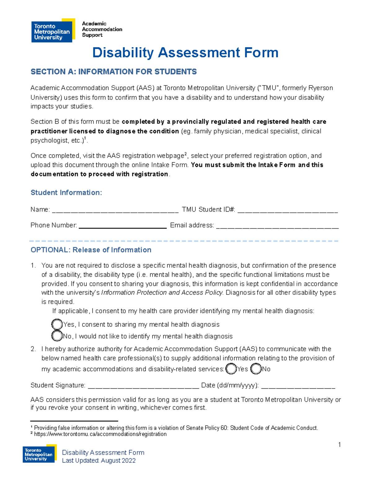 form for needing - Disability Assessment Form SECTION A: INFORMATION ...