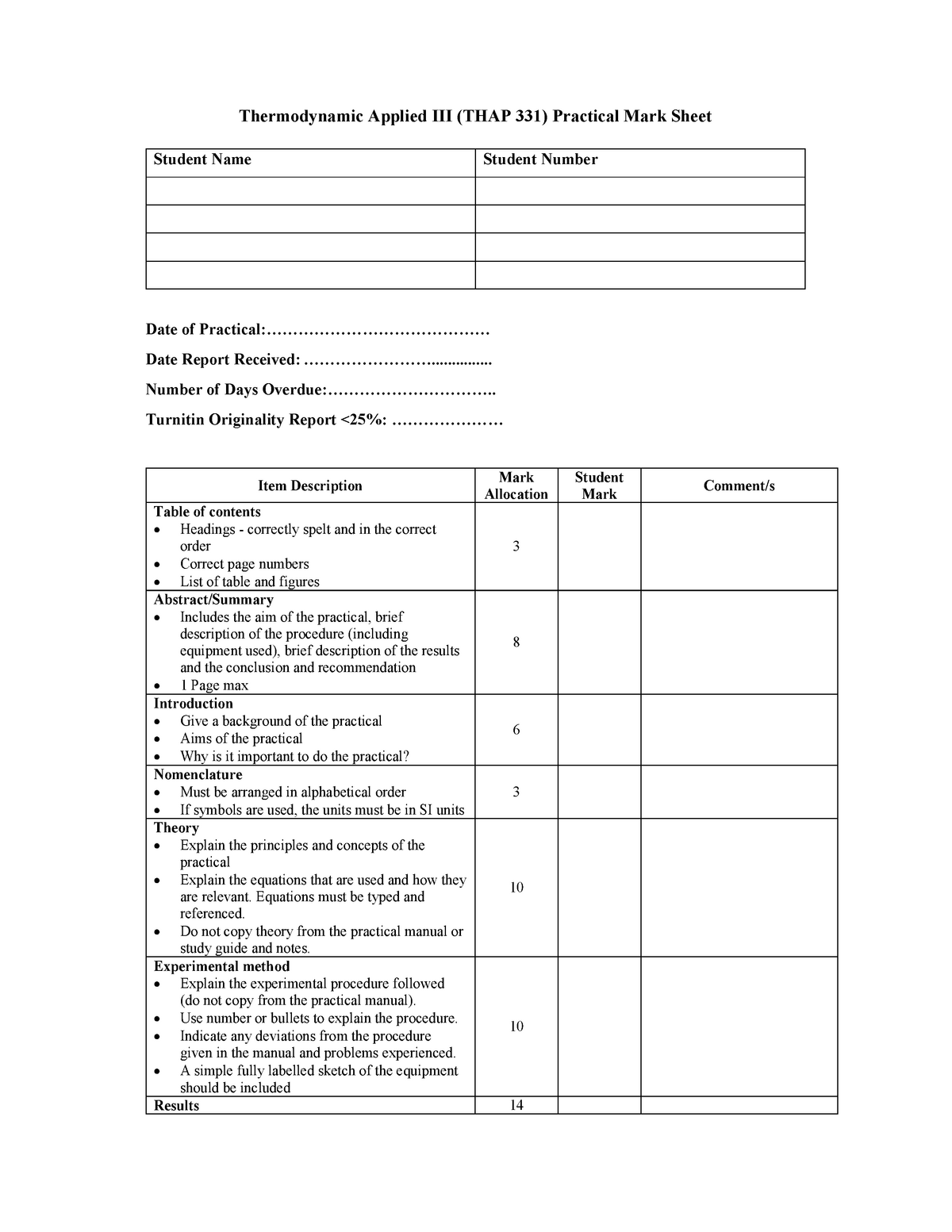 Practical report assessment sheet - Thermodynamic Applied III (THAP 331 ...