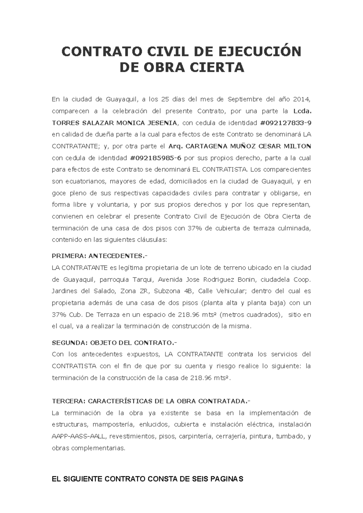 Contrato Civil De Ejecucion De Obra Cier Contrato Civil De EjecuciÓn De Obra Cierta En La 5822