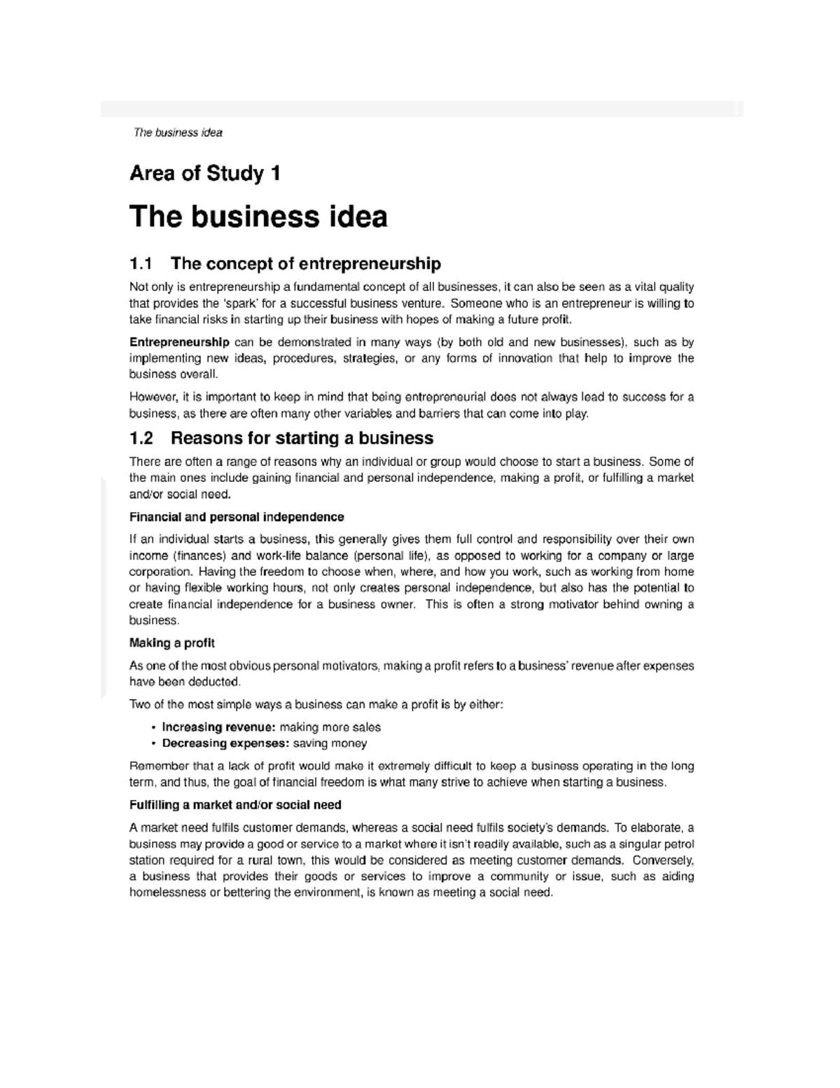 business management unit 1/2 notes - The business idea Area of Study 1 ...
