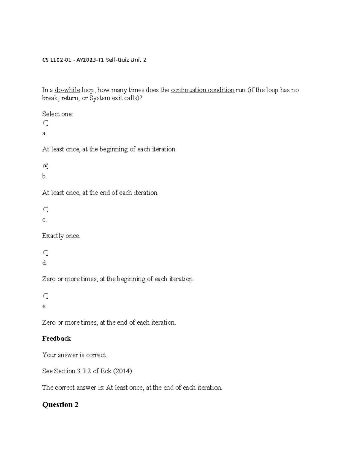 CS 1102-01 - AY2023-T1 Self-Quiz Unit 2 - At Least Once, At The ...