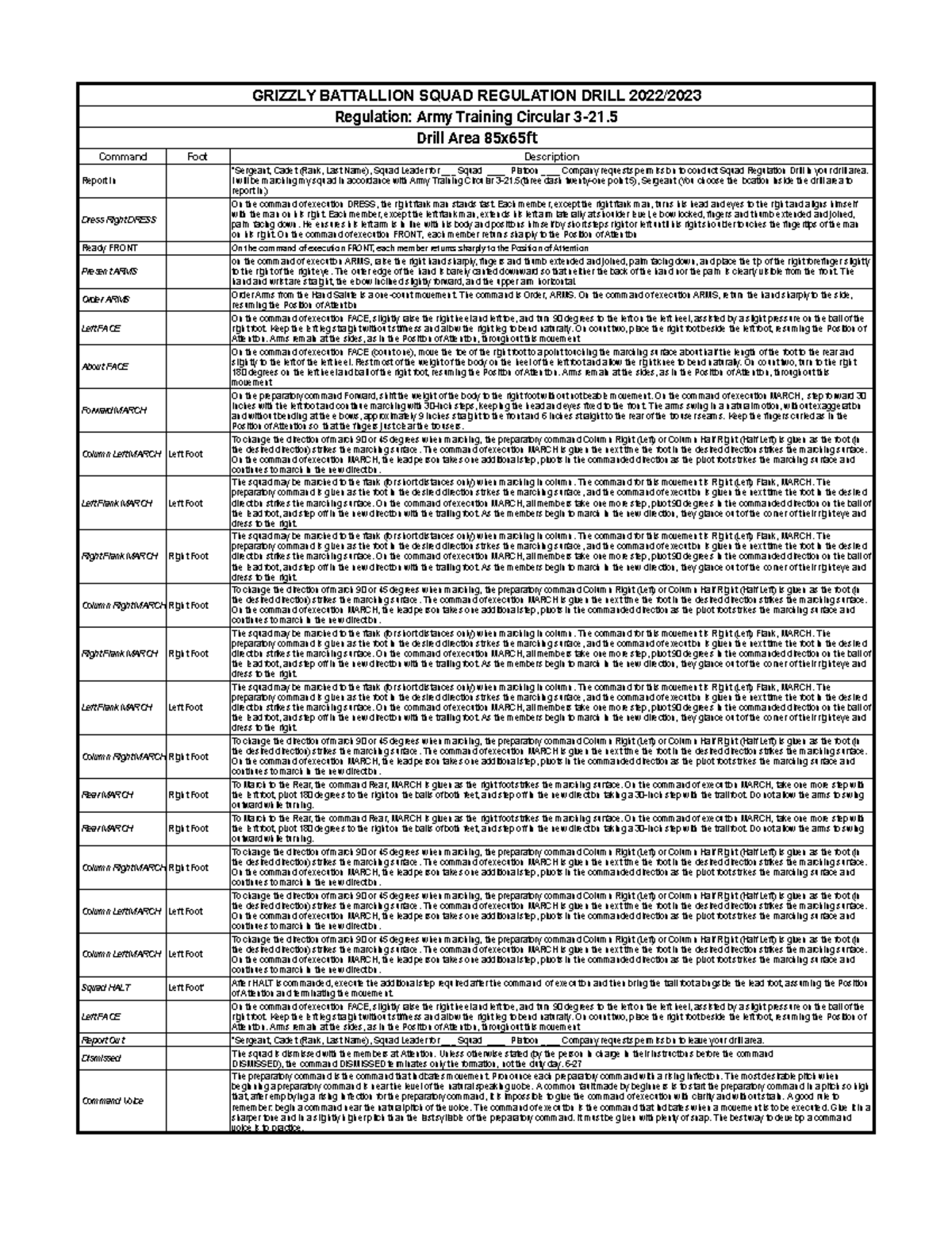 Squad Drill Commands GRIZZLY BATTALLION SQUAD REGULATION DRILL Regulation Army Training