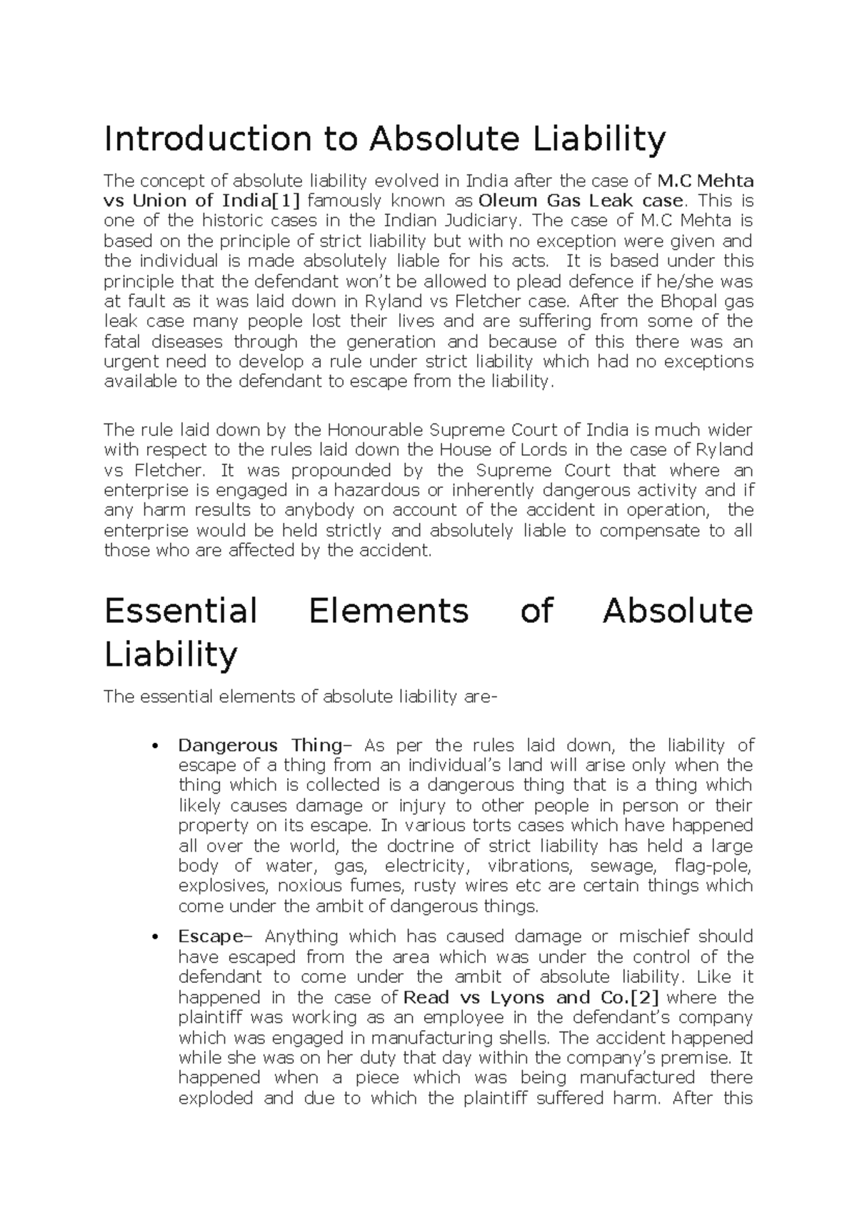 Absolute Liability In TORT OF LAW Introduction to Absolute Liability