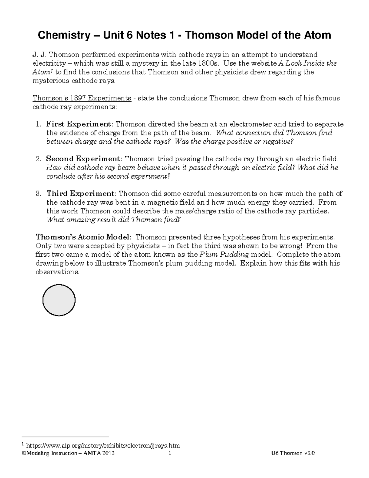 02a Thomson model notes ©Modeling Instruction AMTA 2013 1 U6