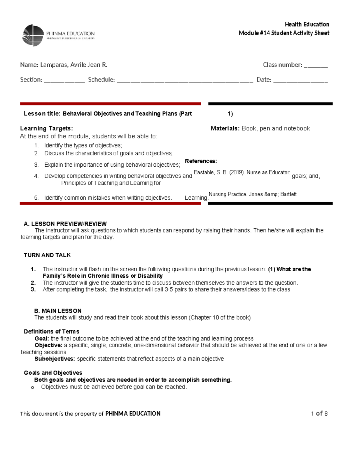 HE SAS 14 - Notes - Module #14 Student Activity Sheet Name: Lamparas ...
