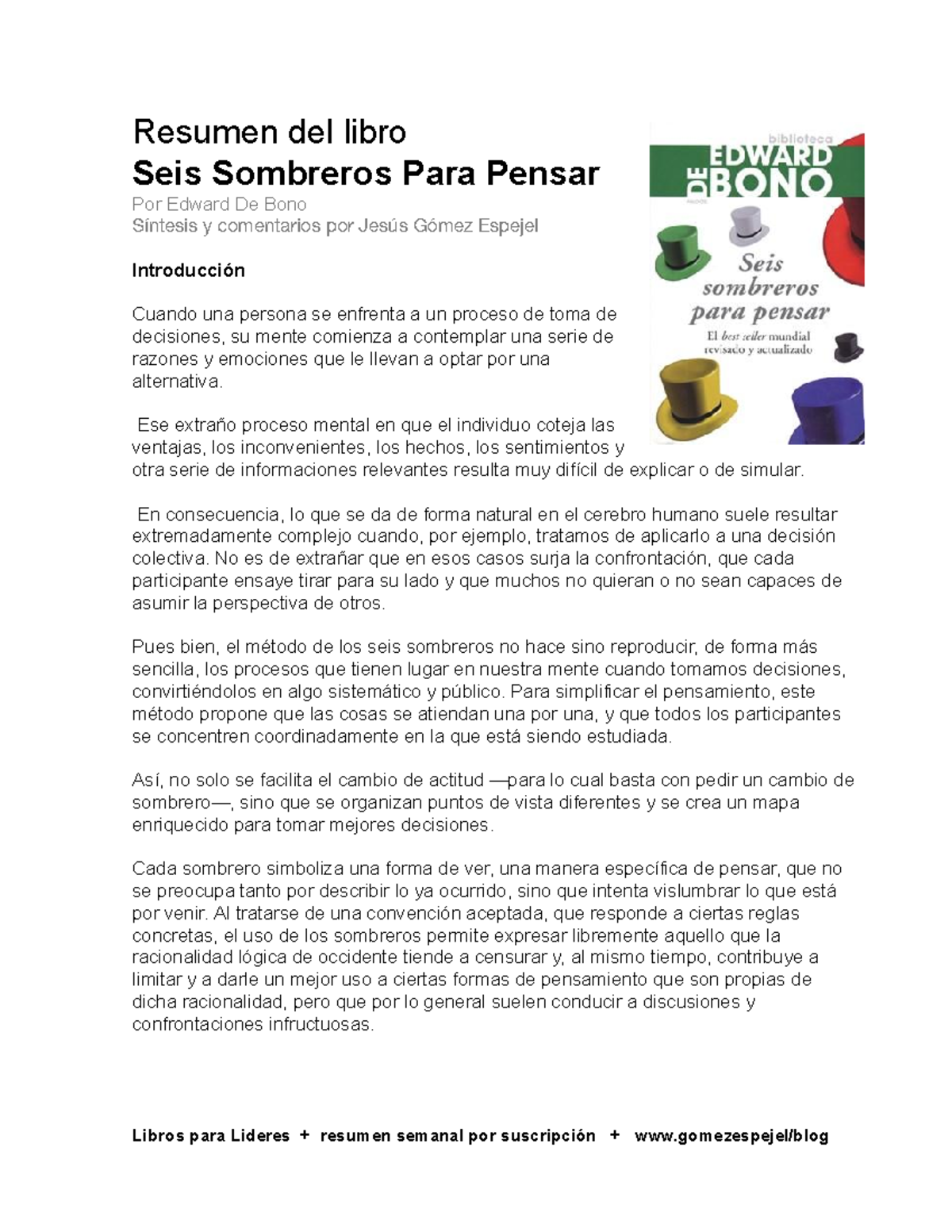 9 Resumen del libro Seis sombreros para pensar De Bono Resumen del