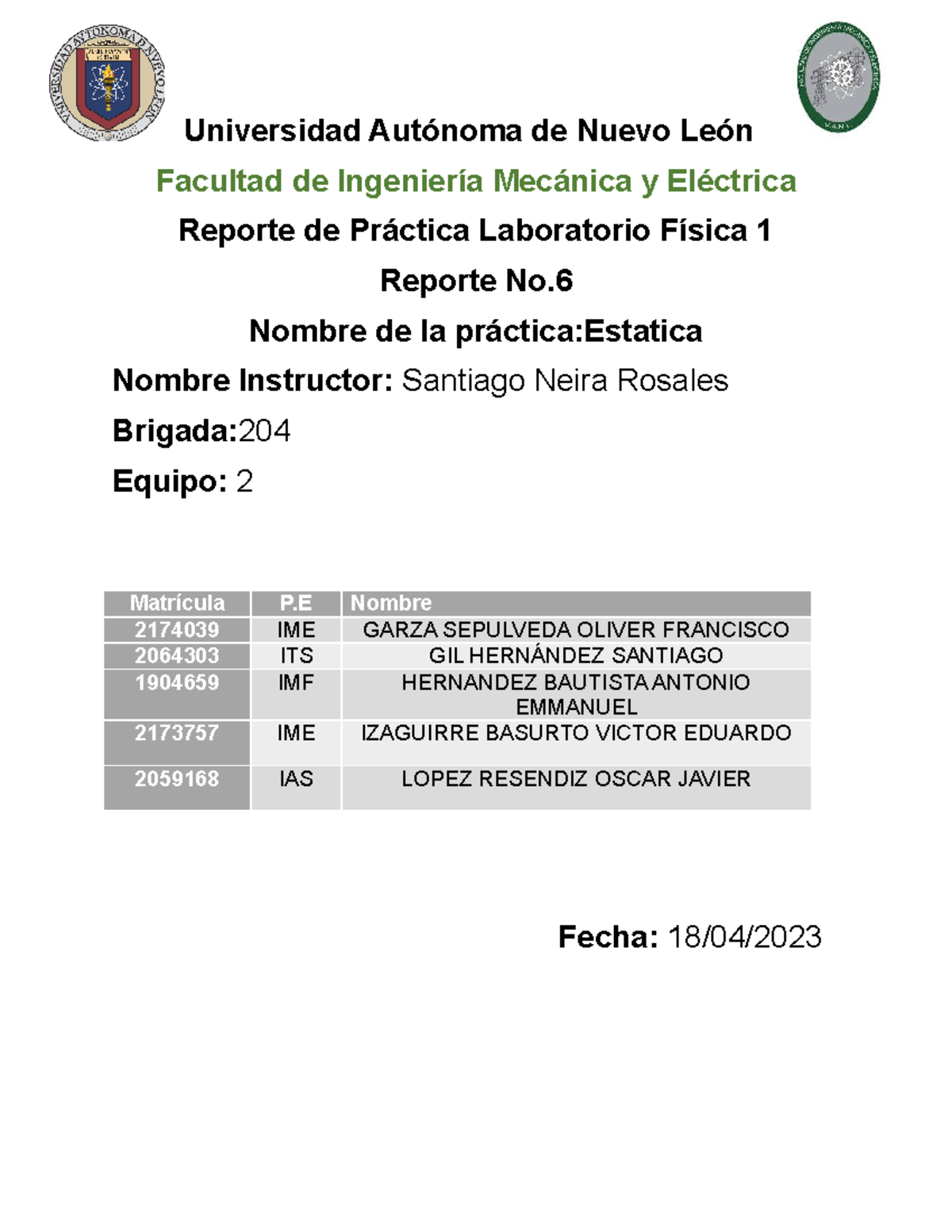 Practica 6 lab de fisica - Universidad Autónoma de Nuevo León Facultad ...