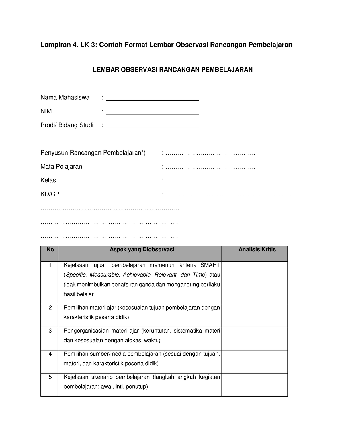 Lampiran 4. LK 3 Contoh Format Lembar Observasi Rancangan Pembelajaran ...