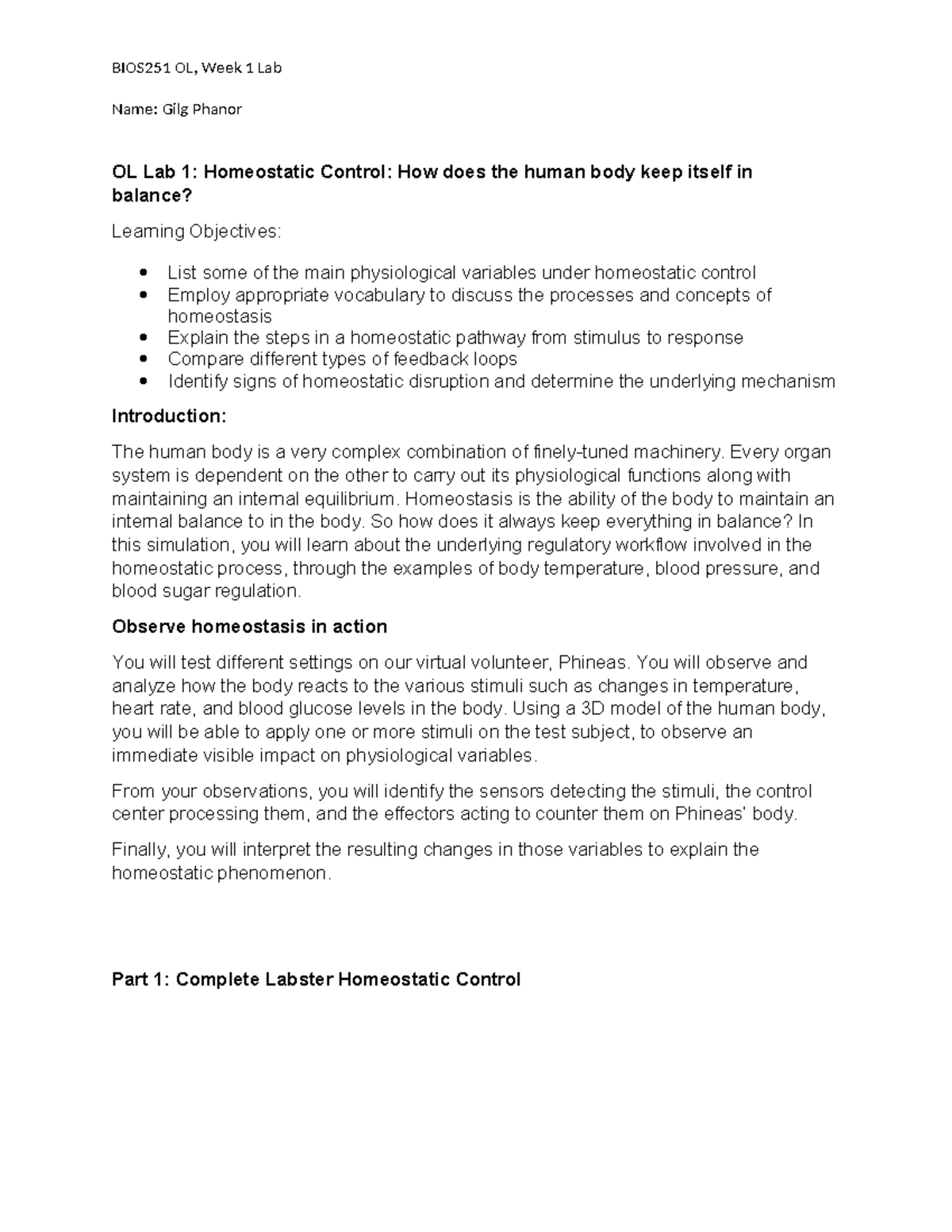 Lab assignment Week 1 Homeostatis - Name: Gilg Phanor OL Lab 1 ...