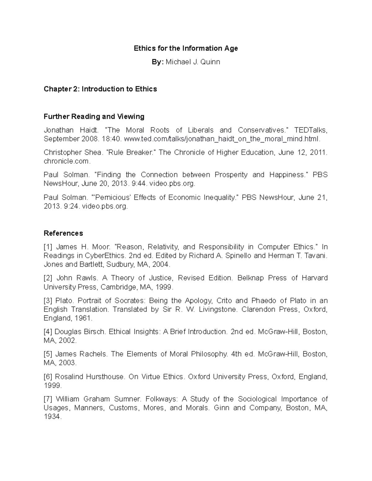 Chapter 2 Introduction to Ethics References Further Reading and Viewing ...
