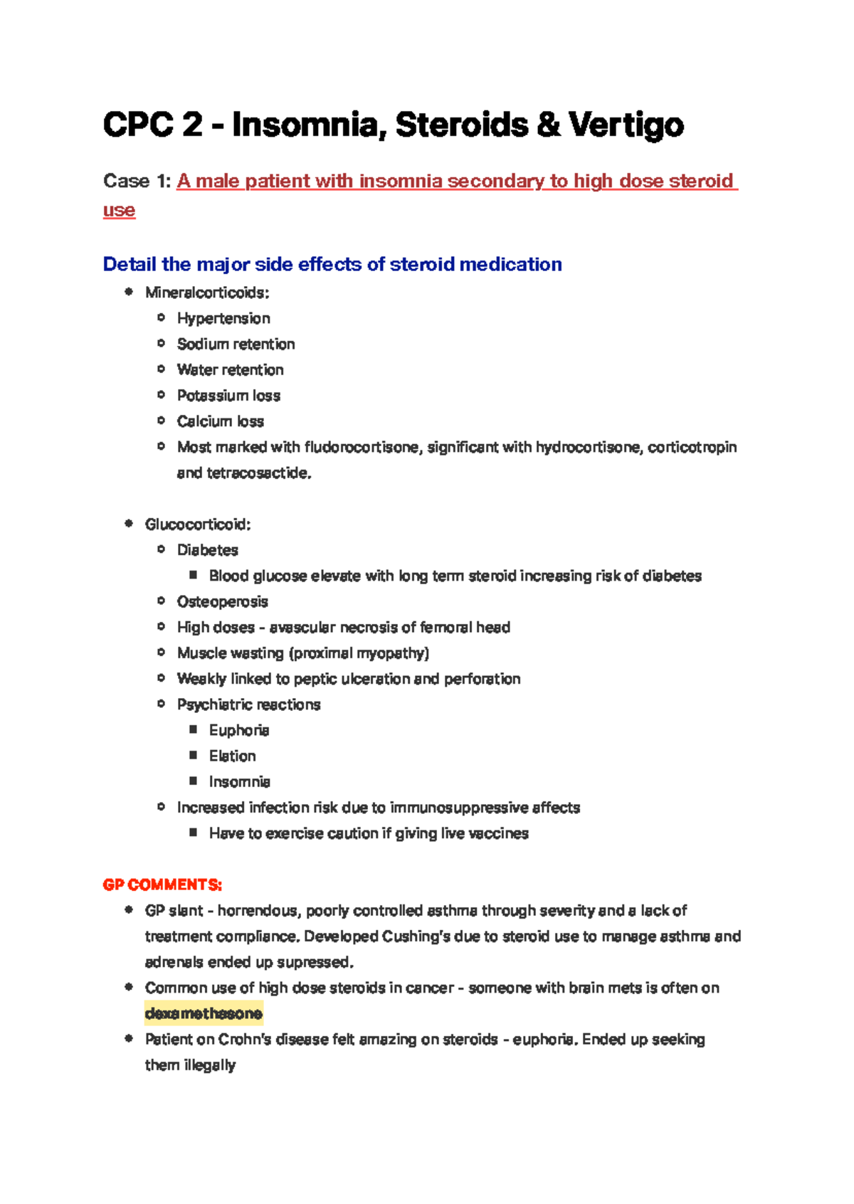 Insomnia, Steroids and Vertigo C P C 2 I n s o m n i a , S te ro i