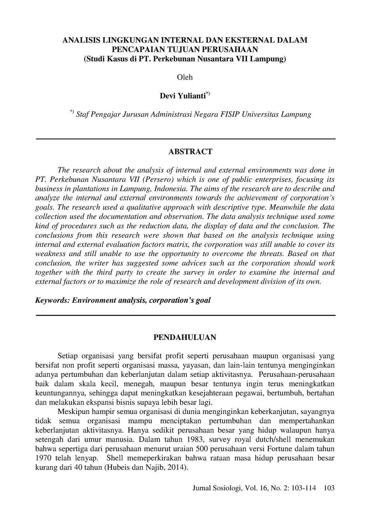 Analisis Lingkungan Internal DAN Eksternal Dalam - Jurnal Sosiologi ...