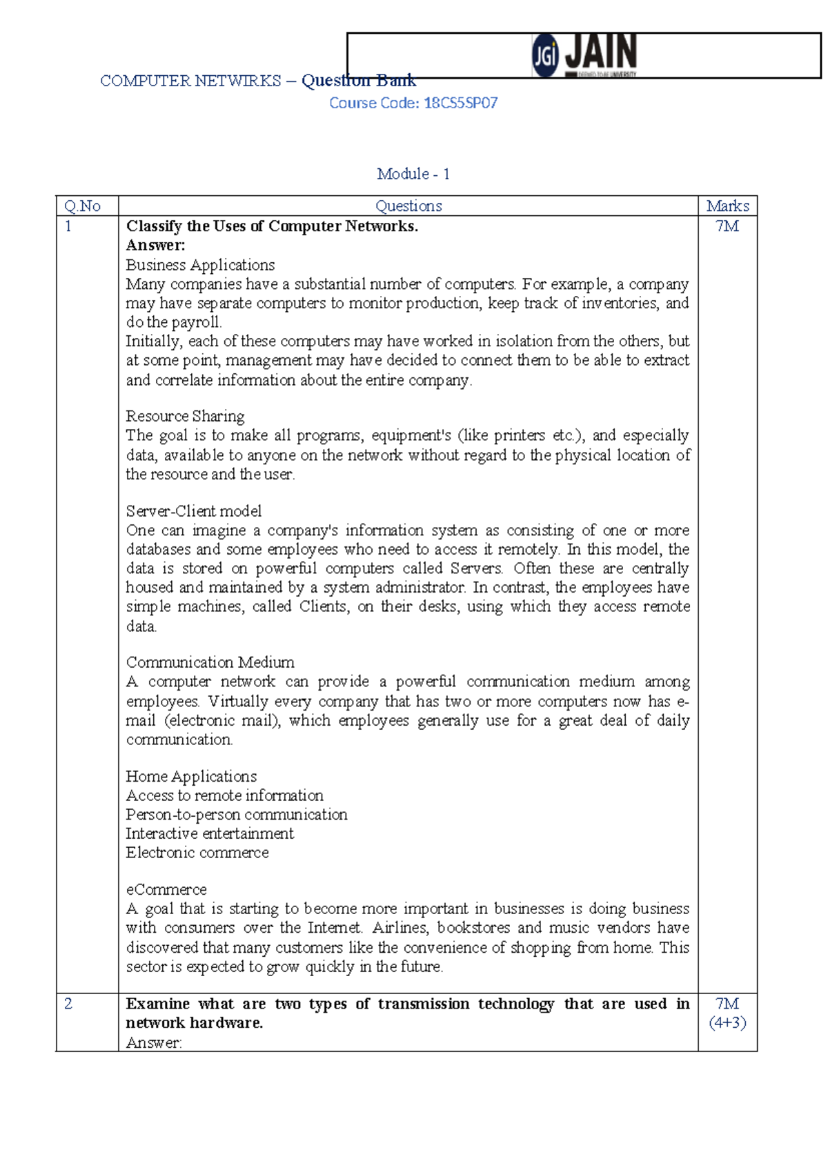 CN QB Module 1 with Solution - Course Code: 18CS5SP Module - 1 Q ...
